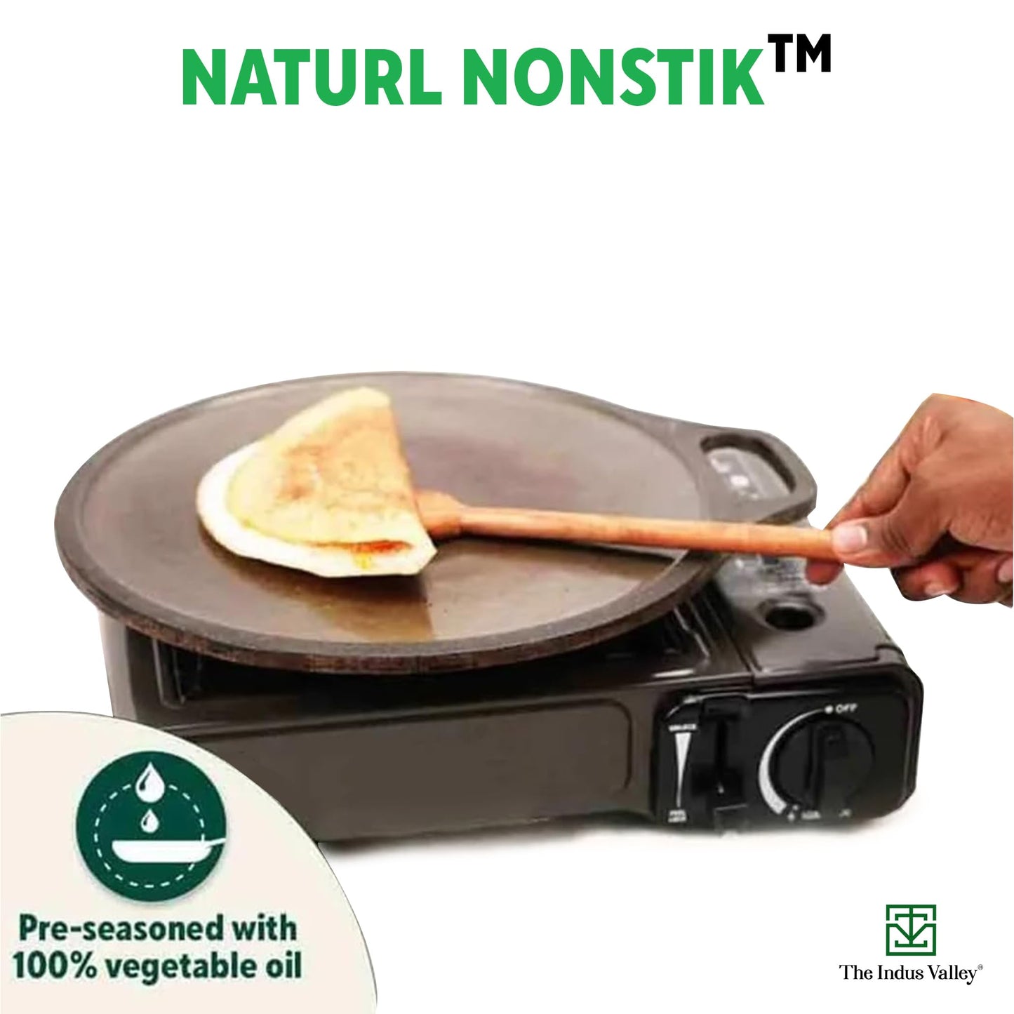 The Indus Valley Super Smooth Cast Iron Tawa for Dosa/Chapathi + Free Spatula | 30.5cm/12 inch, 3kg | Induction Friendly | Naturally Nonstick, Pre-Seasoned Tawa, 100% Pure & Toxin-Free