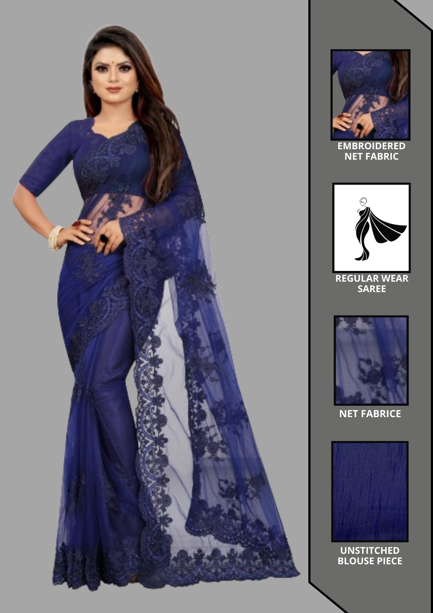 Vastraani Women's Cut Wok Embroidered Woven Net Saree with Blouse Piece (Blue, Free Size)