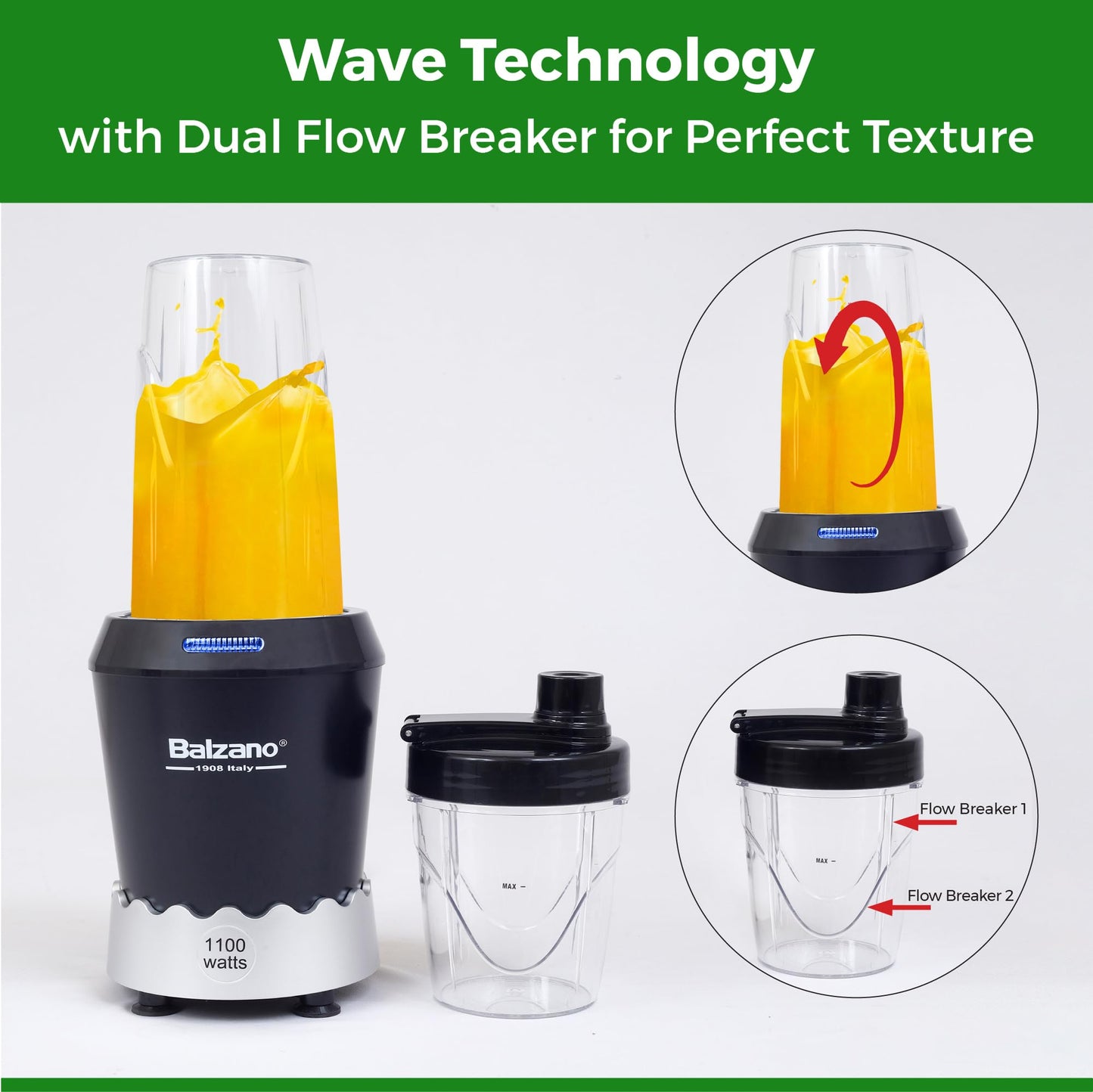 Balzano 1100W Ultra-Speed Bullet Mixer Grinder (Italian Design & Engineering) Blender for Smoothie and Juices, Juicer Mixer Grinder, Blender for Kitchen, Surgical Grade Stainless Steel Blades