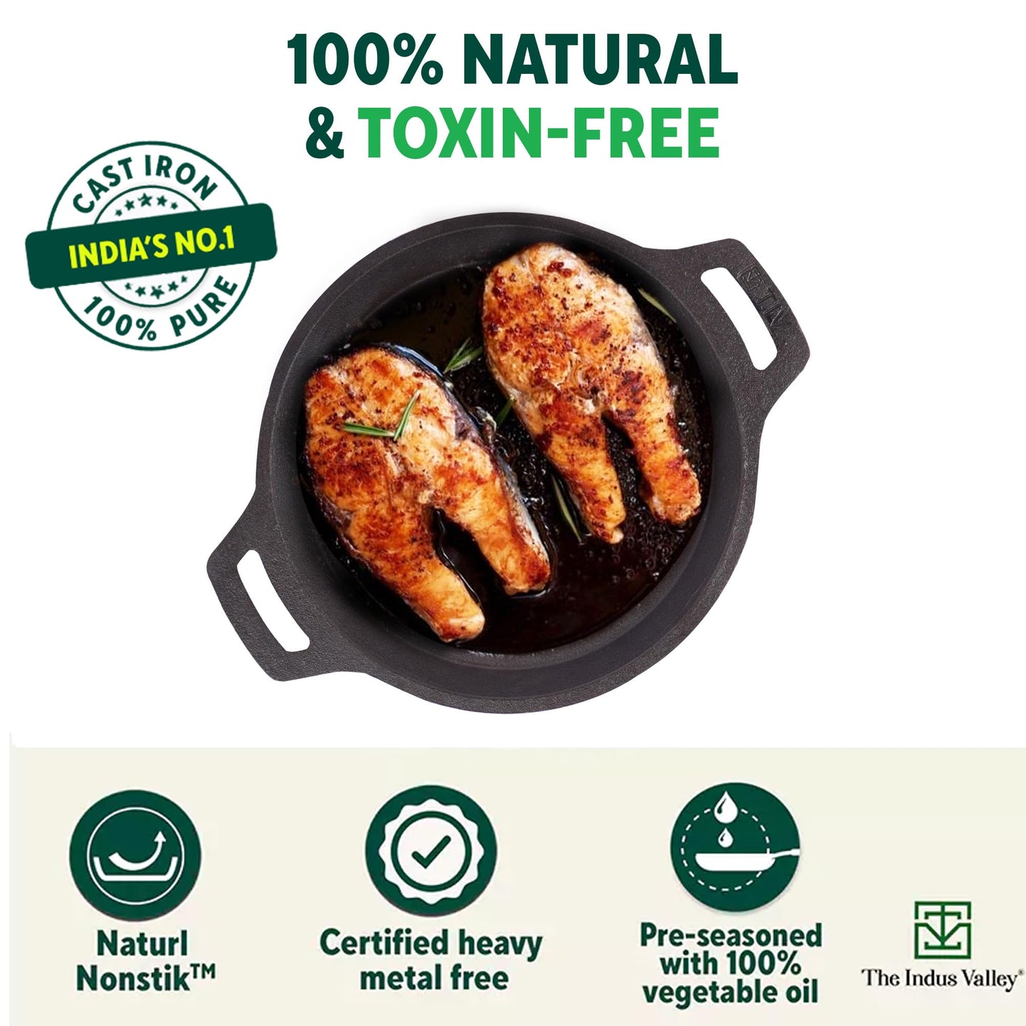 The Indus Valley Preseasoned Cast Iron Fish Fry Pan With Double Handle | Large 25Cm/ 9.8Inch, 2Kg | Induction Friendly | Nonstick Fish Fry Pan, 100% Pure & Toxin Free, No Chemical Coating, Black