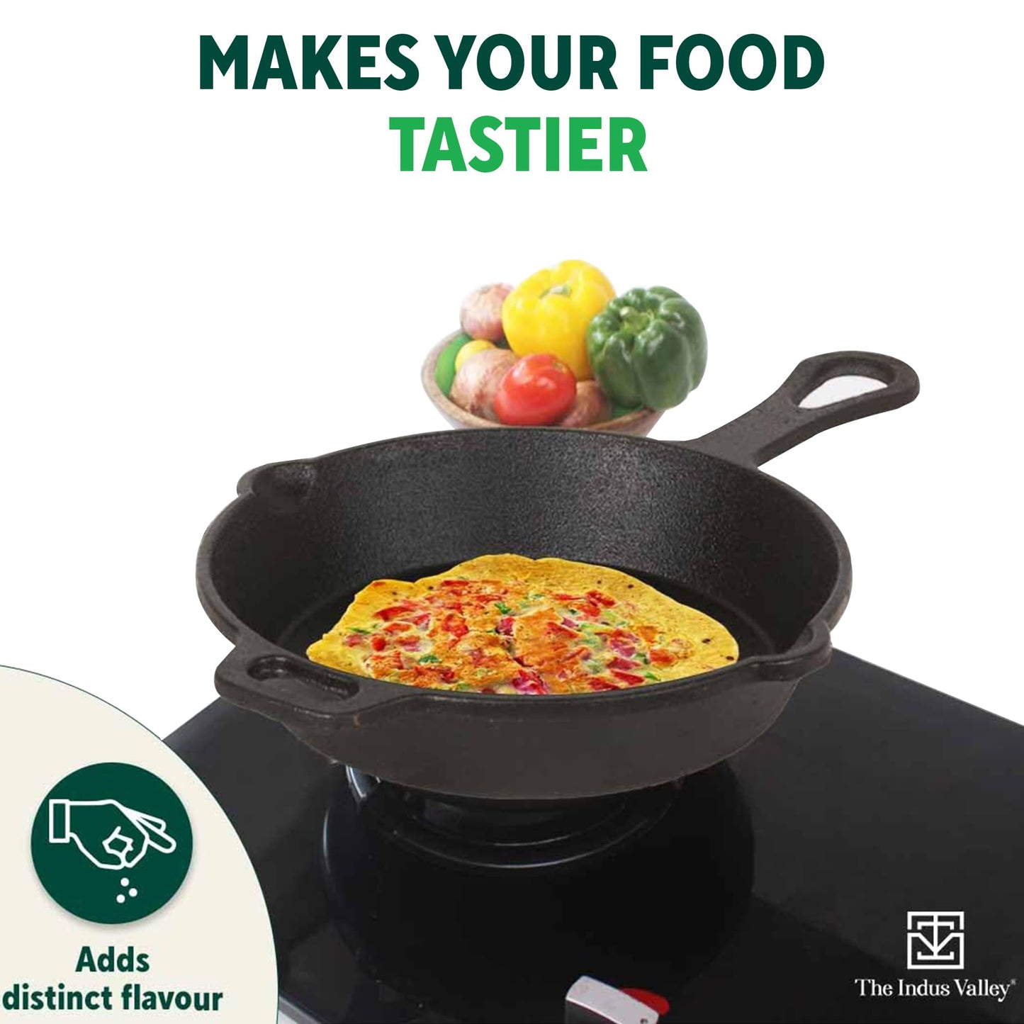 The Indus Valley Pre-Seasoned Cast Iron Cookware Set+ Free Tadka Pan|Tawa (30.5 Cm)+ Kadai (25.4 Cm/2.3L)+ Fry Pan (23 Cm/1.4L)|Kitchen Cooking Combo Pots & Pans Set Of 4Pcs|Naturally Nonstick - Black