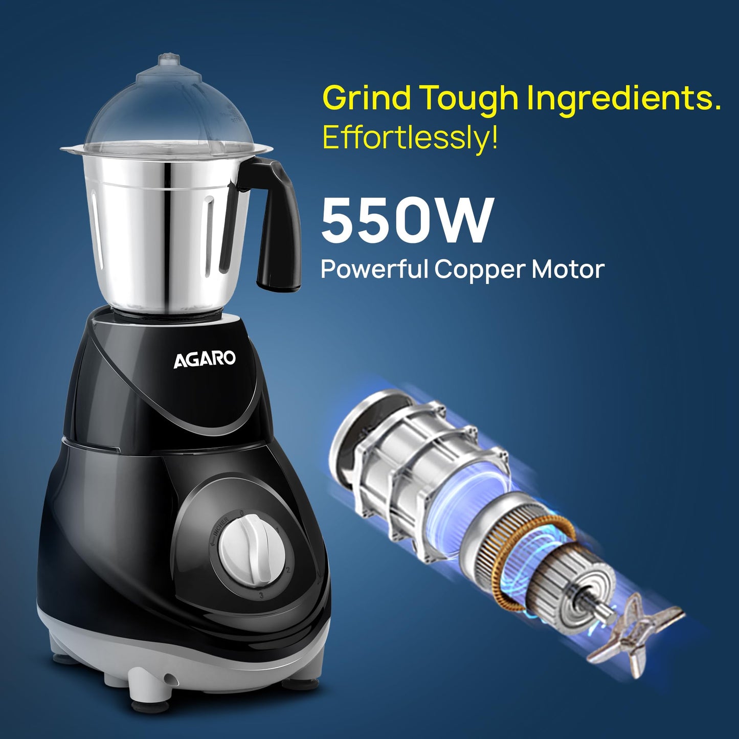 AGARO Elite Mixer Grinder 550W, 100% Copper Motor, 3 Stainless Steel Jar, 3 Speed, Whip Function, Stainless Steel Blades, Wet & Dry Grinding, Black