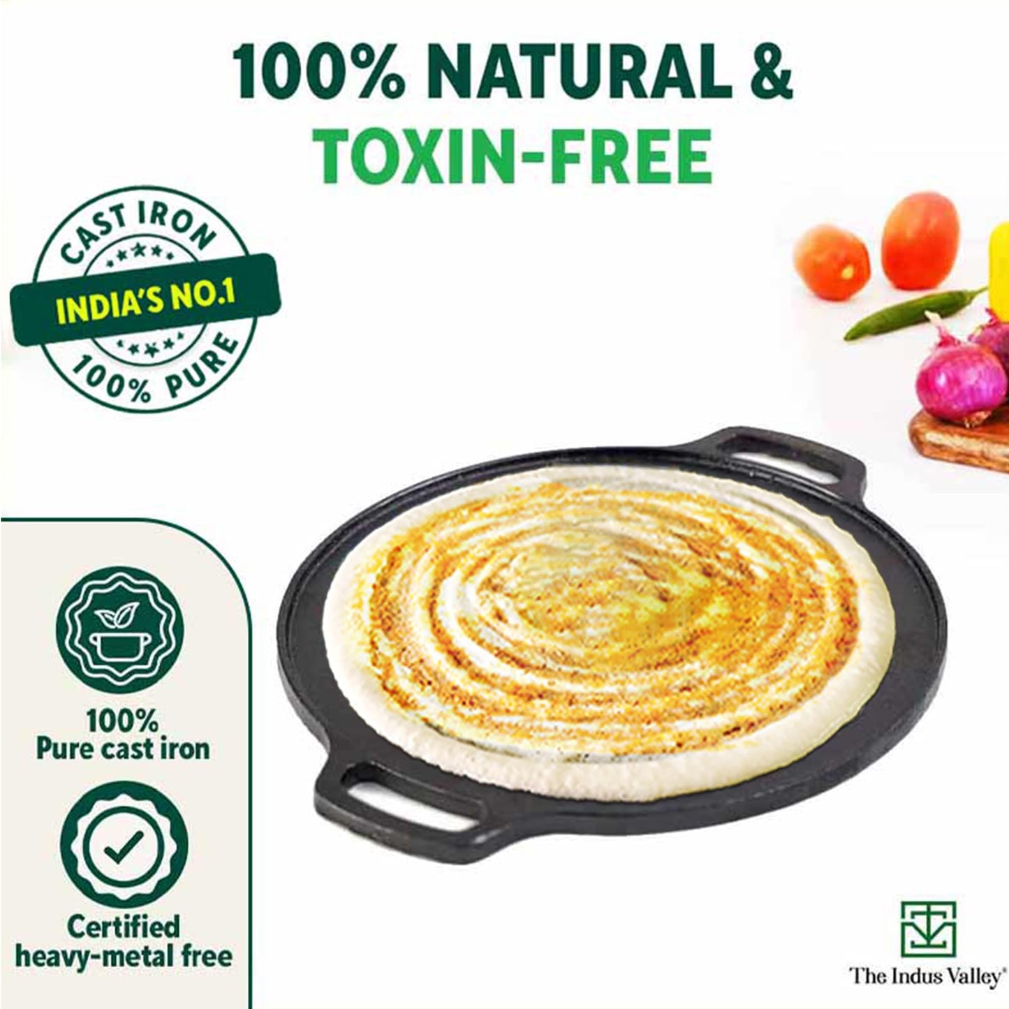 The Indus Valley Pre-Seasoned Cast Iron Cookware Set+ Free Tadka Pan|Tawa (30.5 Cm)+ Kadai (25.4 Cm/2.3L)+ Fry Pan (23 Cm/1.4L)|Kitchen Cooking Combo Pots & Pans Set Of 4Pcs|Naturally Nonstick - Black