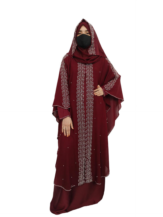 BURAQUE DESIGNER Nida fabric Free Size Muslim Burqa/Abaya & Burkha Dress for Muslim women and Girl's (F01-Maroon Leaf-Burkha)