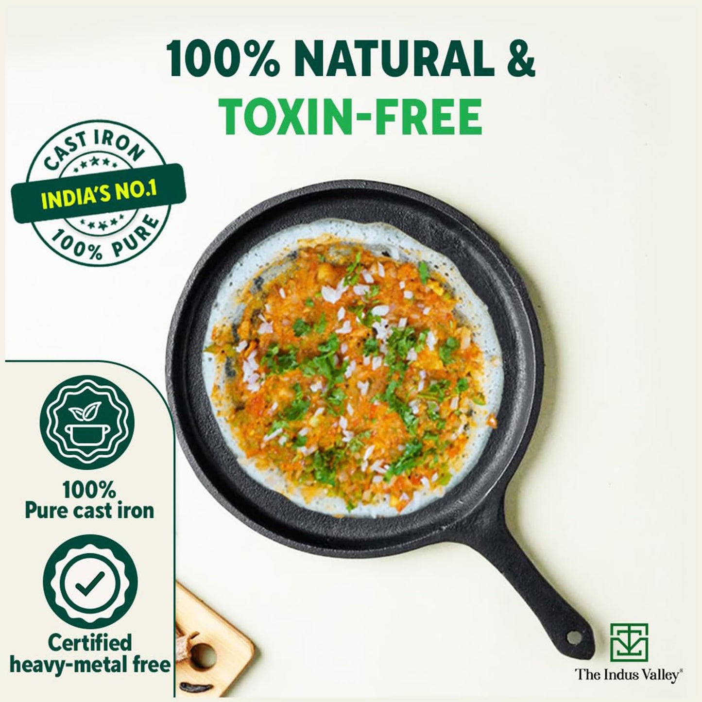The Indus Valley Pre-Seasoned Cast Iron Tawa with Free Wooden Spatula for Dosa/Chapathi | 25.7cm/10.3 inch, 2kg | Induction Friendly | Naturally Nonstick, 100% Pure & Toxin-Free, No Chemical Coating