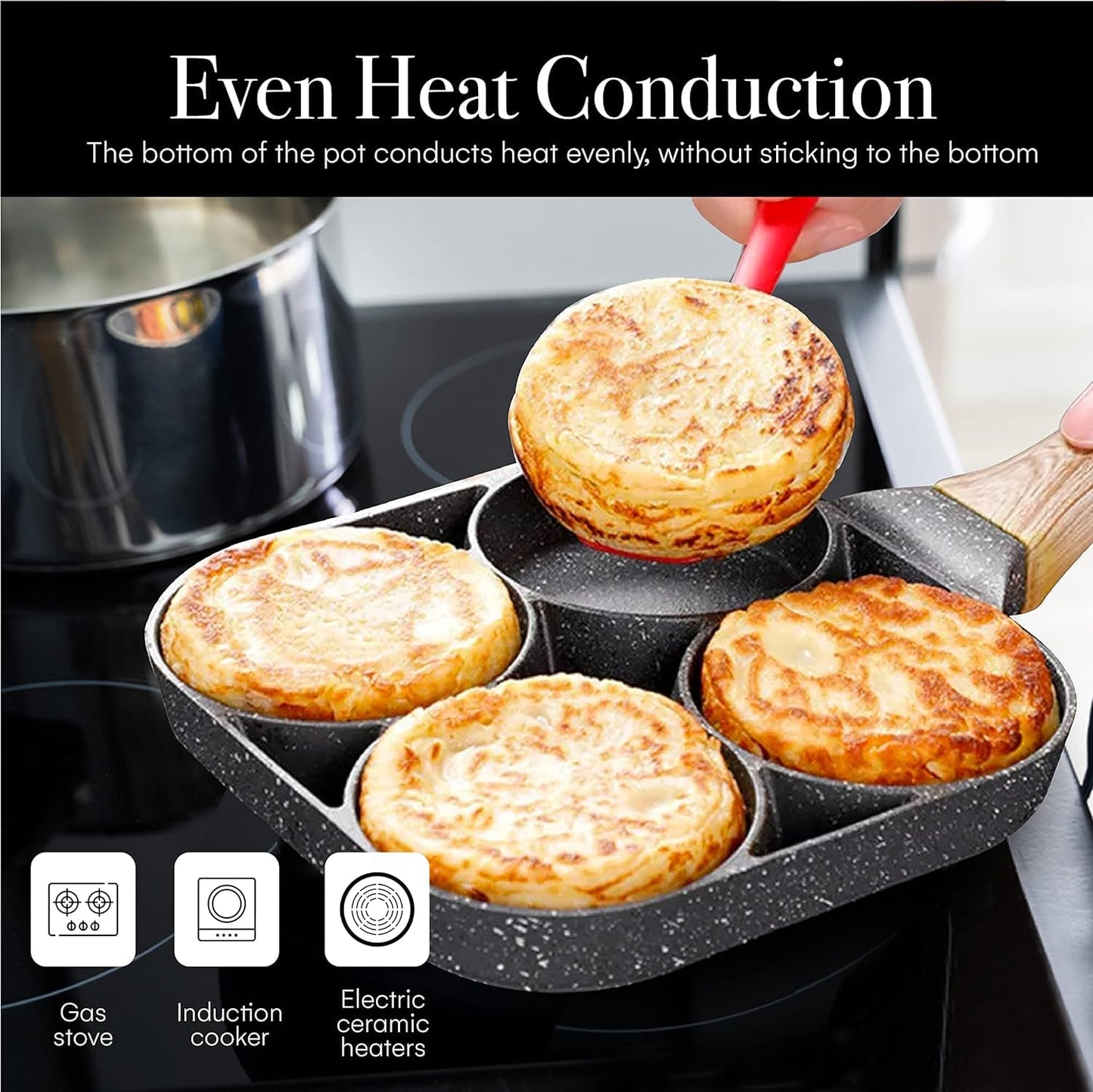 Cannagenix 4 Cups Egg Pan Omelette Pan Frying Pan Egg Frying Pan 4 Cup Crepe Pan Granite Egg Cooker Breakfast Pancakes Pan Suitable for Gas Stove & Induction Cookware (Wood Grain Handle)