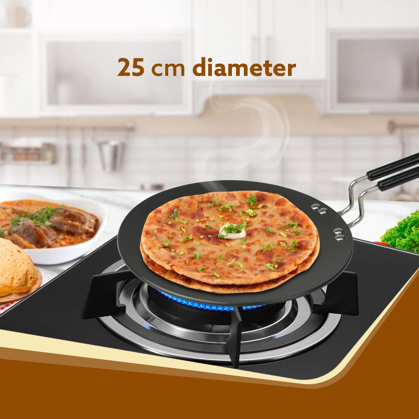 AGARO Elite Hard Anodised Tawa for Kitchen, 25 cm Diameter Tawa for Roti, Chapati, Paratha, Riveted Handle, 4 mm Thick Base for Uniform Heating, Gas Oven Compatible, Cooking, Cookware
