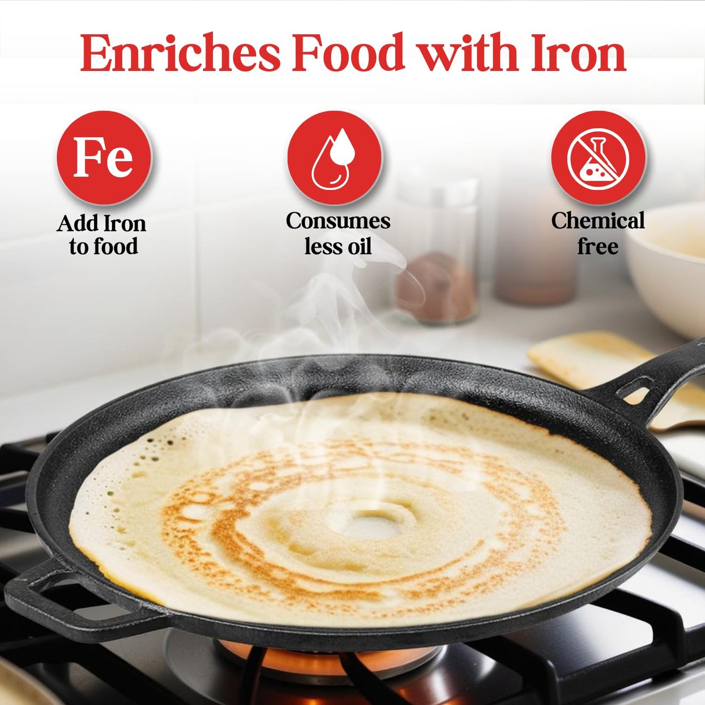 Vinod Legacy Pre Seasoned Cast Iron Flat Roti Tawa with Handle - 28 cm/Chapati, Dosa, Naan, Omlette Kallu Tava / 100% Pure Naturally Non Stick/Toxin & Rust Free/Gas Base