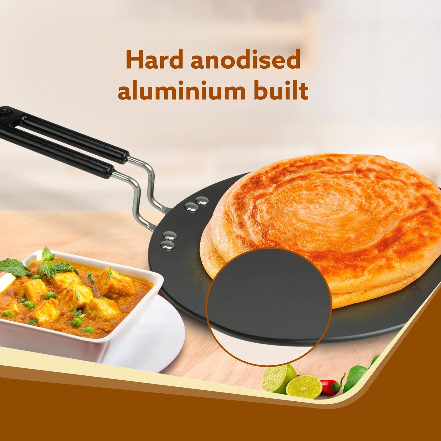 AGARO Elite Hard Anodised Tawa for Kitchen, 25 cm Diameter Tawa for Roti, Chapati, Paratha, Riveted Handle, 4 mm Thick Base for Uniform Heating, Gas Oven Compatible, Cooking, Cookware