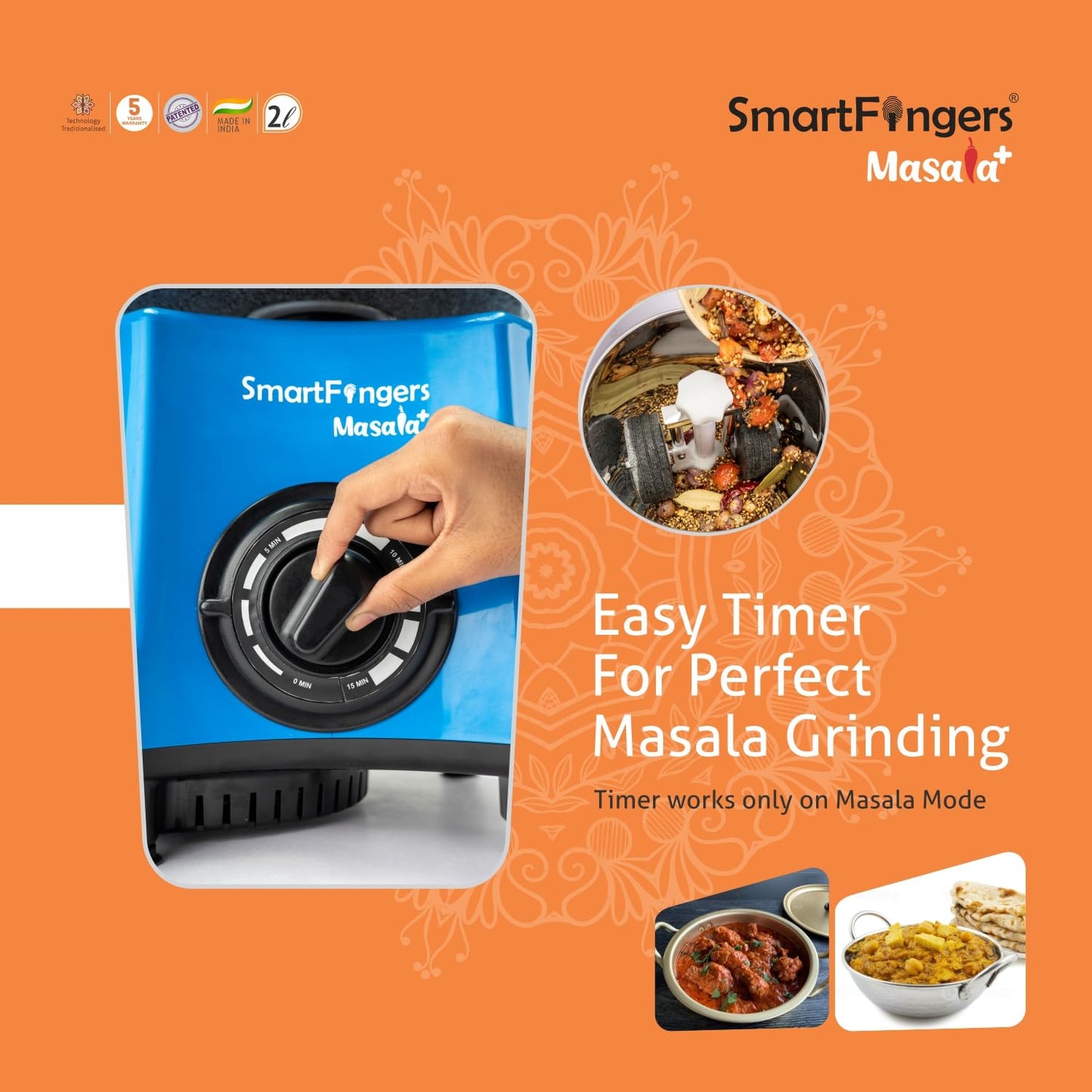 SmartFingers Masala + Table Top Masala Wet Grinder 230V 50hz, 2 Liter, Blue