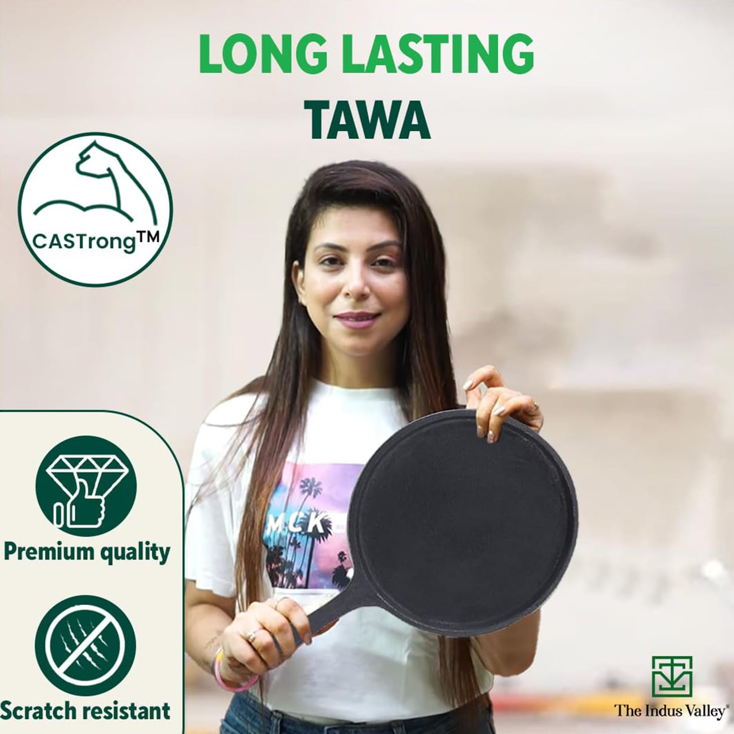 The Indus Valley Pre-Seasoned Cast Iron Tawa with Free Wooden Spatula for Dosa/Chapathi | 25.7cm/10.3 inch, 2kg | Induction Friendly | Naturally Nonstick, 100% Pure & Toxin-Free, No Chemical Coating