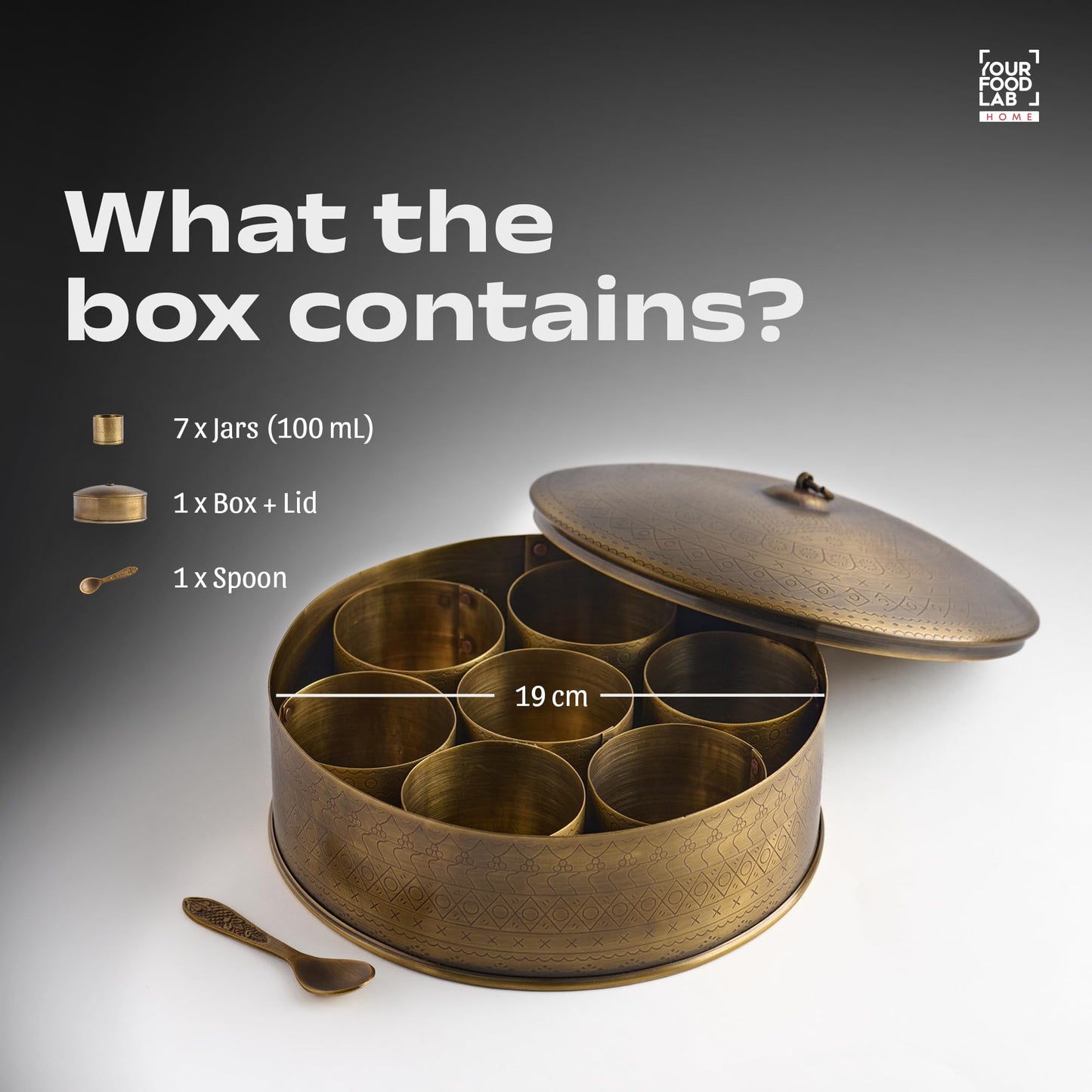 YFL HOME Brass Spice Box for Kitchen with Spoon (Pure Brass, 7 Detachable containers, 100 ML) | Masala box for Kitchen | Spice Storage Container | Stylish Masala Dani for gift