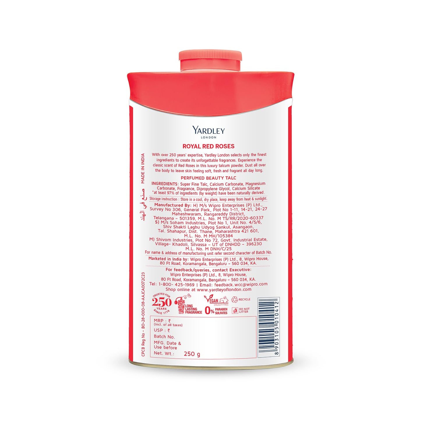 4x Yardley London Royal Red Roses Perfumed Talc| Fragrant Beauty Talc for Women| Smooth Texture| 250g - Pack of 4