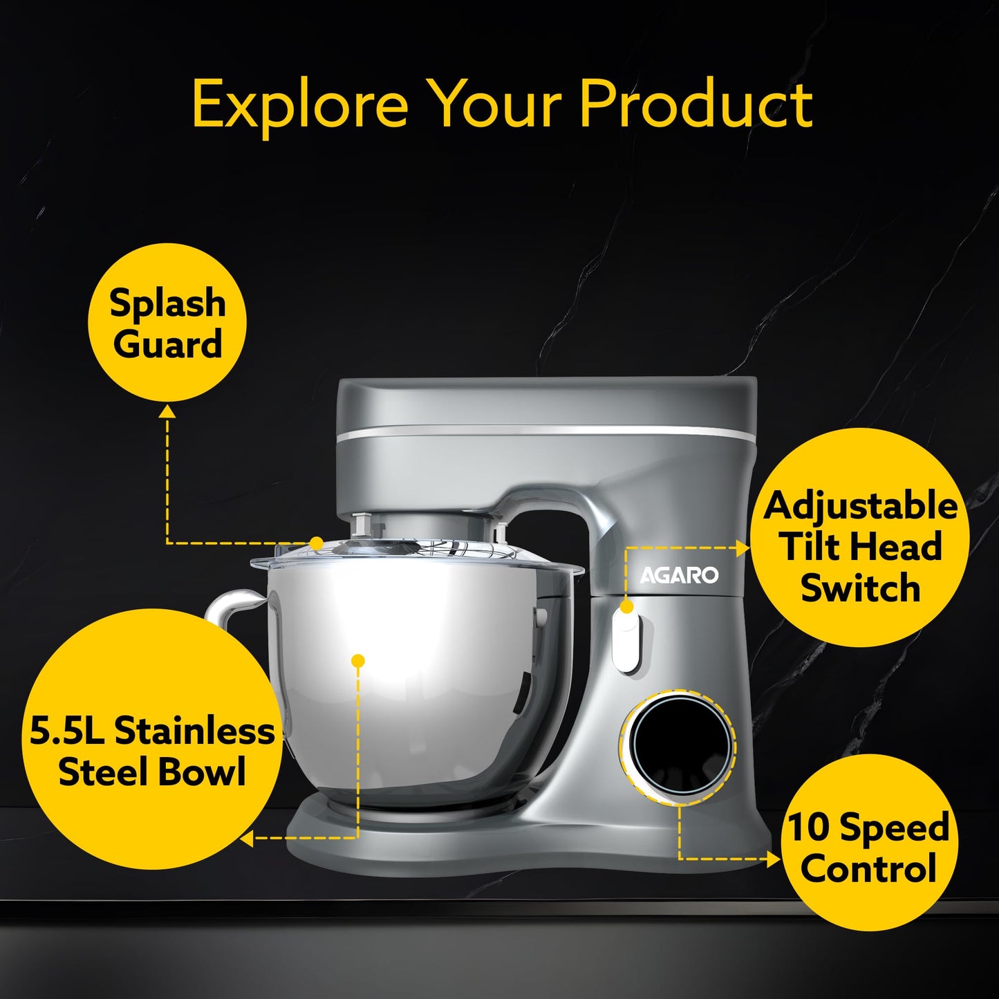 AGARO Elegant Stand Mixer, 1400W with 5.5L SS Bowl, 10 Speed Settings, Pulse Function, 100% Copper Motor, Includes Whisker, Beater, Dough Hook, Dark Grey