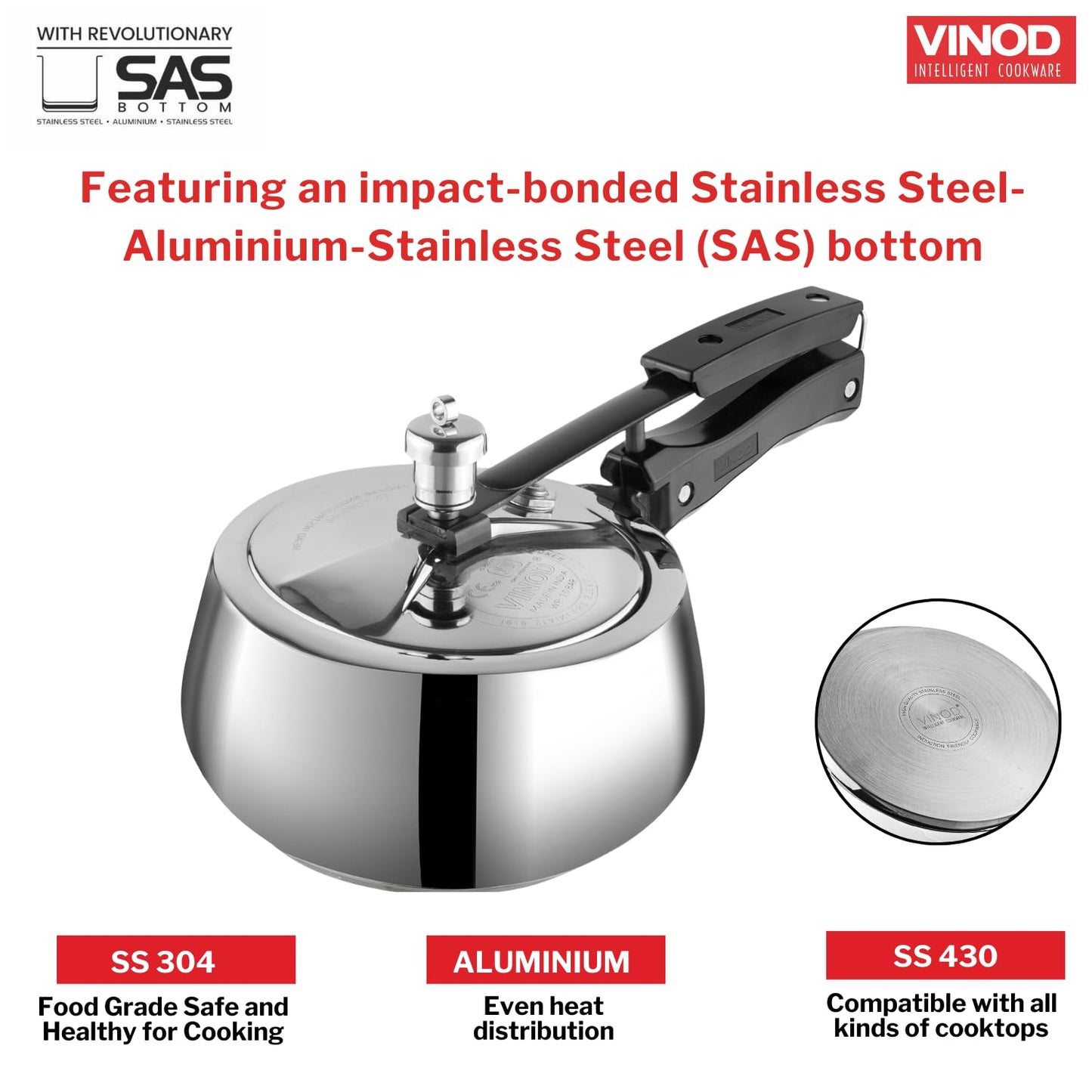 Vinod Europa Stainless Steel Inner Lid Pressure Cooker - 3 Litre | Handi Shape | Sandwich Bottom Cooker | Induction and Gas Base | ISI and CE certified - 2 Years Warranty