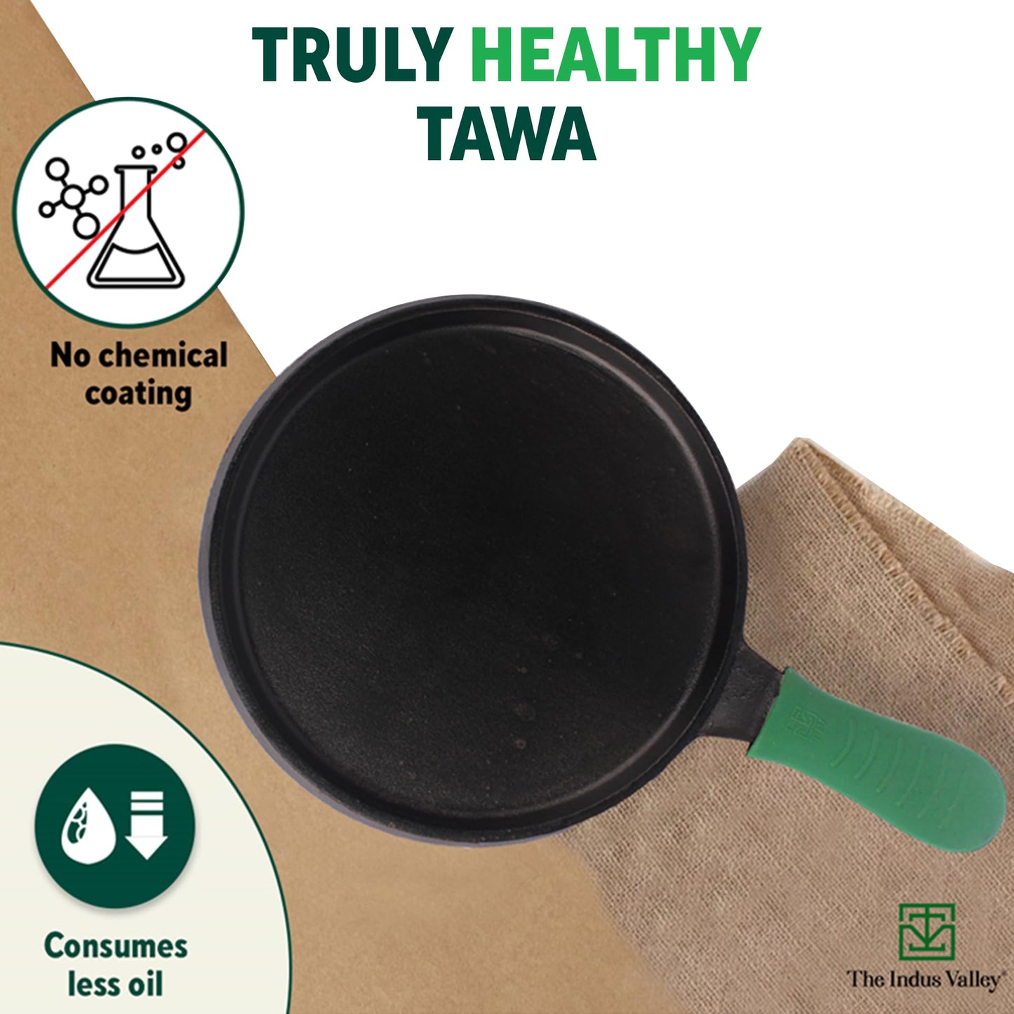 The Indus Valley Pre-Seasoned Cast Iron Tawa for Dosa/Chapathi with Silicone Grip | 25.5cm/10 inch, 2.1kg | Induction Friendly | Naturally Nonstick, 100% Pure & Toxin-Free, No Chemical Coating