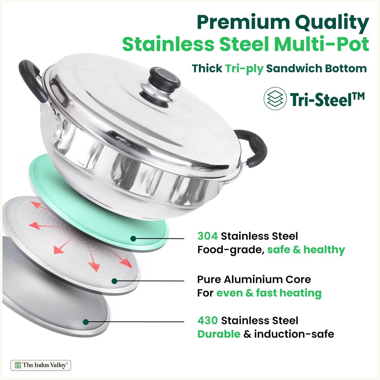 The Indus Valley Stainless Steel Idli Maker/Momo Maker/Multi Kadai/Steamer Set | Large, 5 Plates, 2 Idli | 2 Dhokla | 1 Steamer | 29cm/11.3 inch, 4.2Ltr, 2.5kg | 3-Layer Thick Bottom | Induction friendly