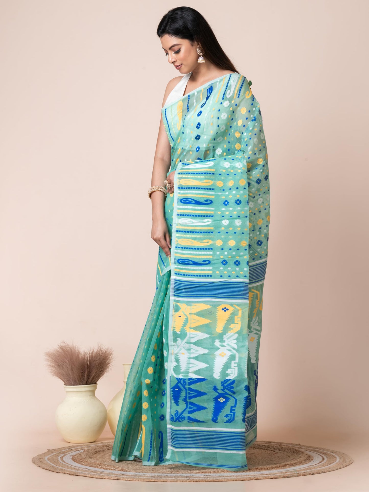 Aishwarya Sarees Women's Jamdani Cotton Sarees For Women Soft Dhakai Jamdani Bengal Pure Handloom Saree for Women. dhakai jamdani sarees for women (Sea Green)
