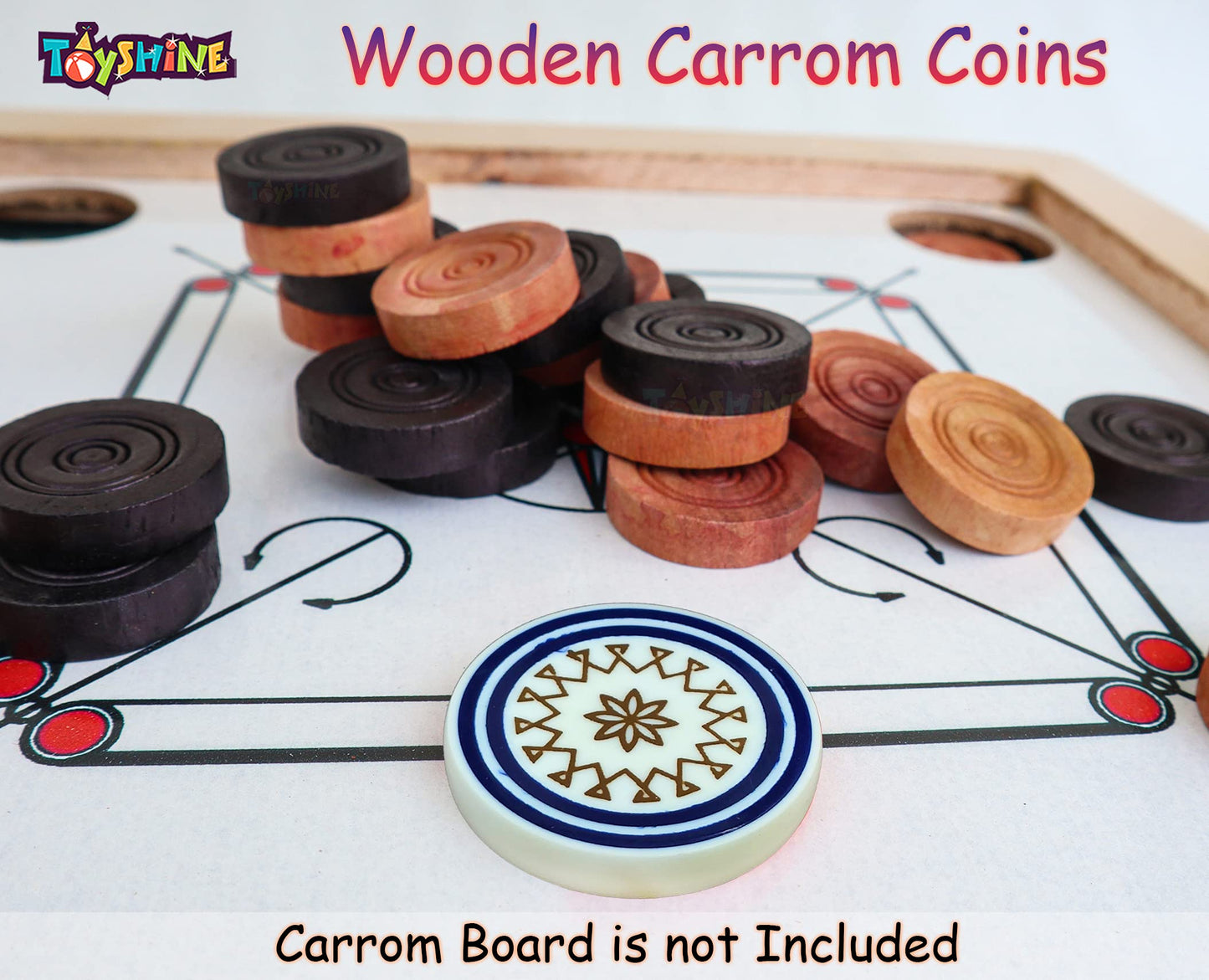 Toyshine Carrom Playing Coins and Powder for kids and adult| 24 Wooden Coins | 1 Striker | 1 Urea Powder SSTP,Multicolor