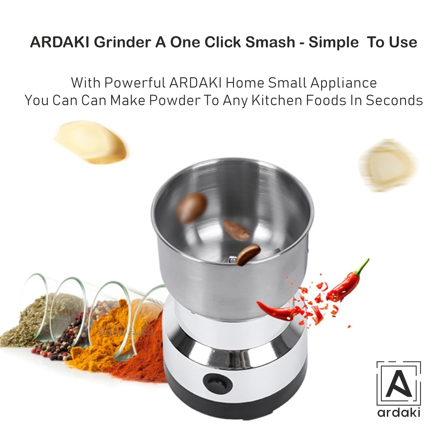 ARDAKI Grinder Machine for Kitchen Mixer Grinder Multi Functional Coffee Herbs Spices Nuts Grain Seasonings Spices Mill Powder Machine Stainless Steel Mixie for Kitchen (Mixer_Grinder_200)