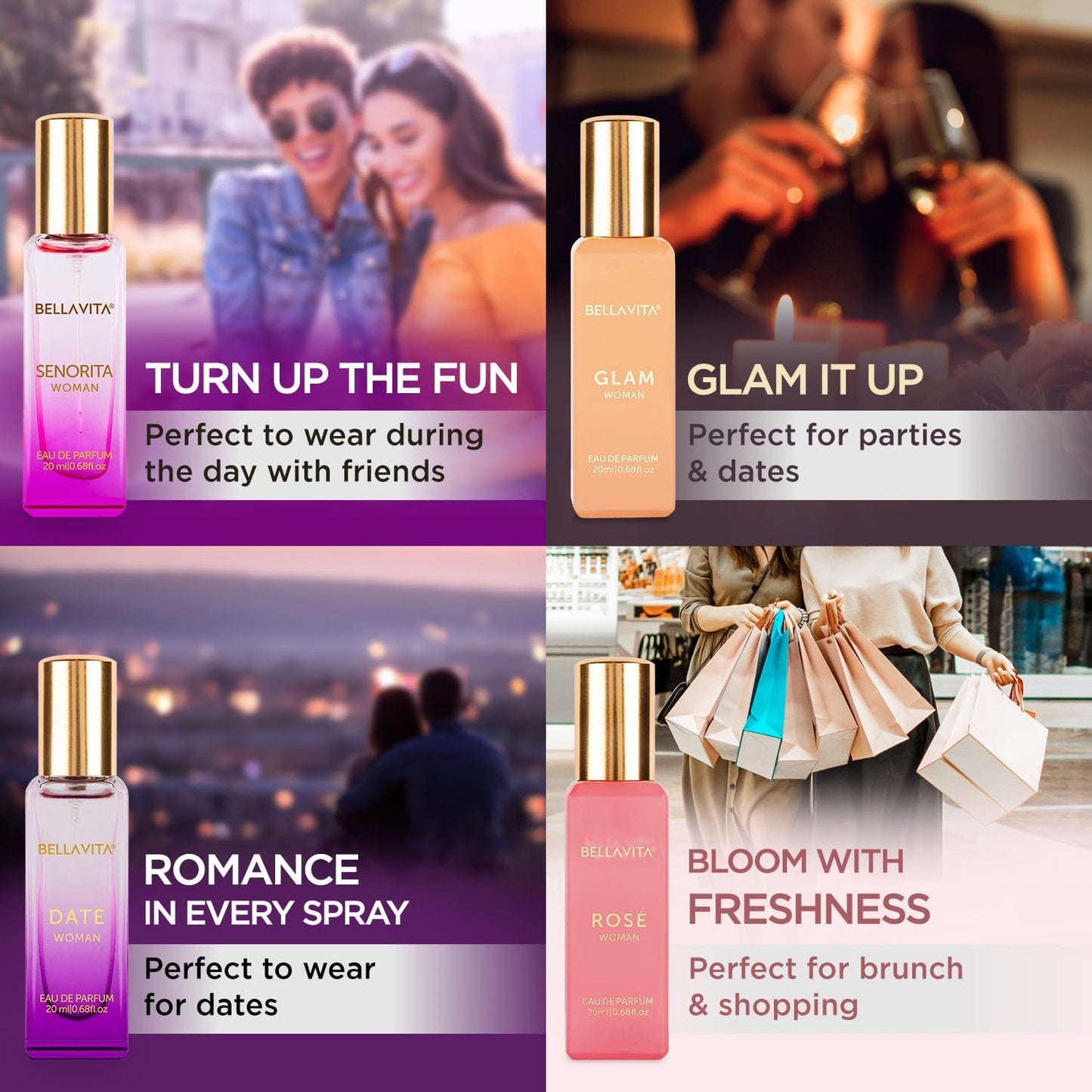 Bella Vita Luxury Woman Eau De Parfum Gift Set 4x20 ml for Women with Date, Senorita, Glam, Rose Perfume|Floral, Fruity Long Lasting EDP Fragrance Scent