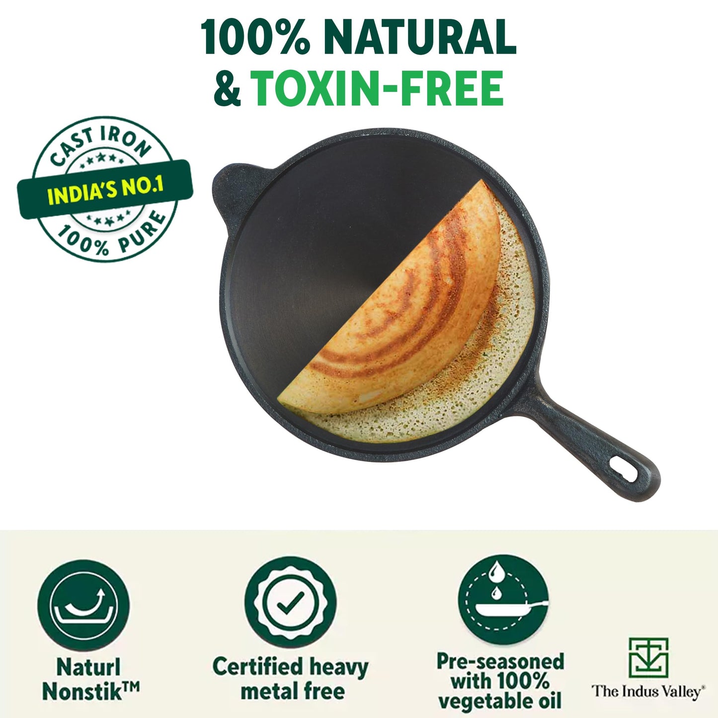 The Indus Valley Super Smooth Cast Iron Tawa for Dosa/Chapathi | 25.4cm/10 inch, 1.8kg | Induction Friendly | Naturally Nonstick, Pre-Seasoned Tawa, 100% Pure & Toxin-Free, No Chemical Coating