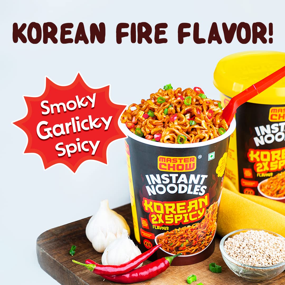 25x MasterChow Instant Cup Noodles - 2X Spicy Korean Noodles | Delicious Saucy Authentic Korean Taste with Extra Veggies | 100g - Pack of 25