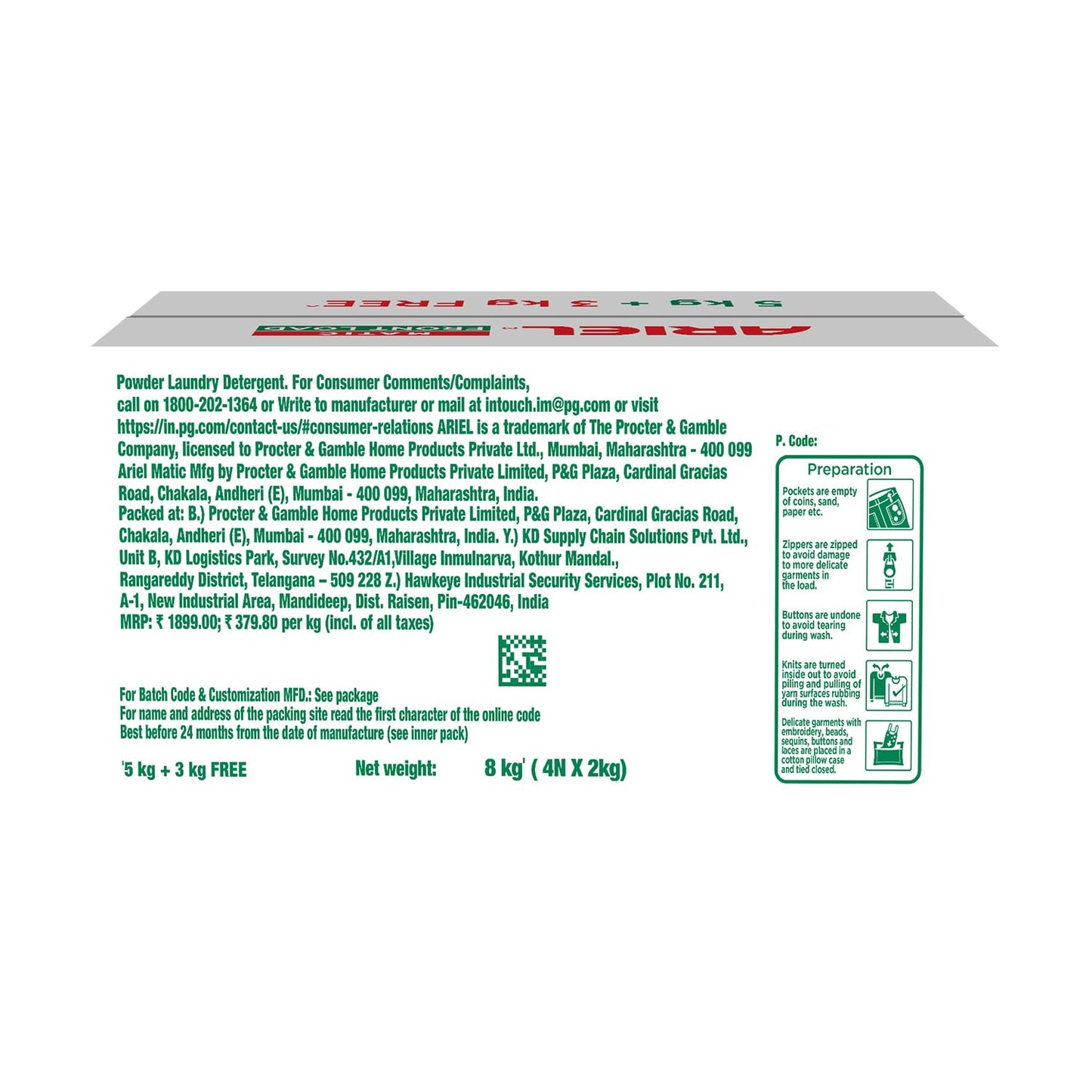 Ariel Matic Front Load Detergent Washing Powder - 5kg Plus 3kg