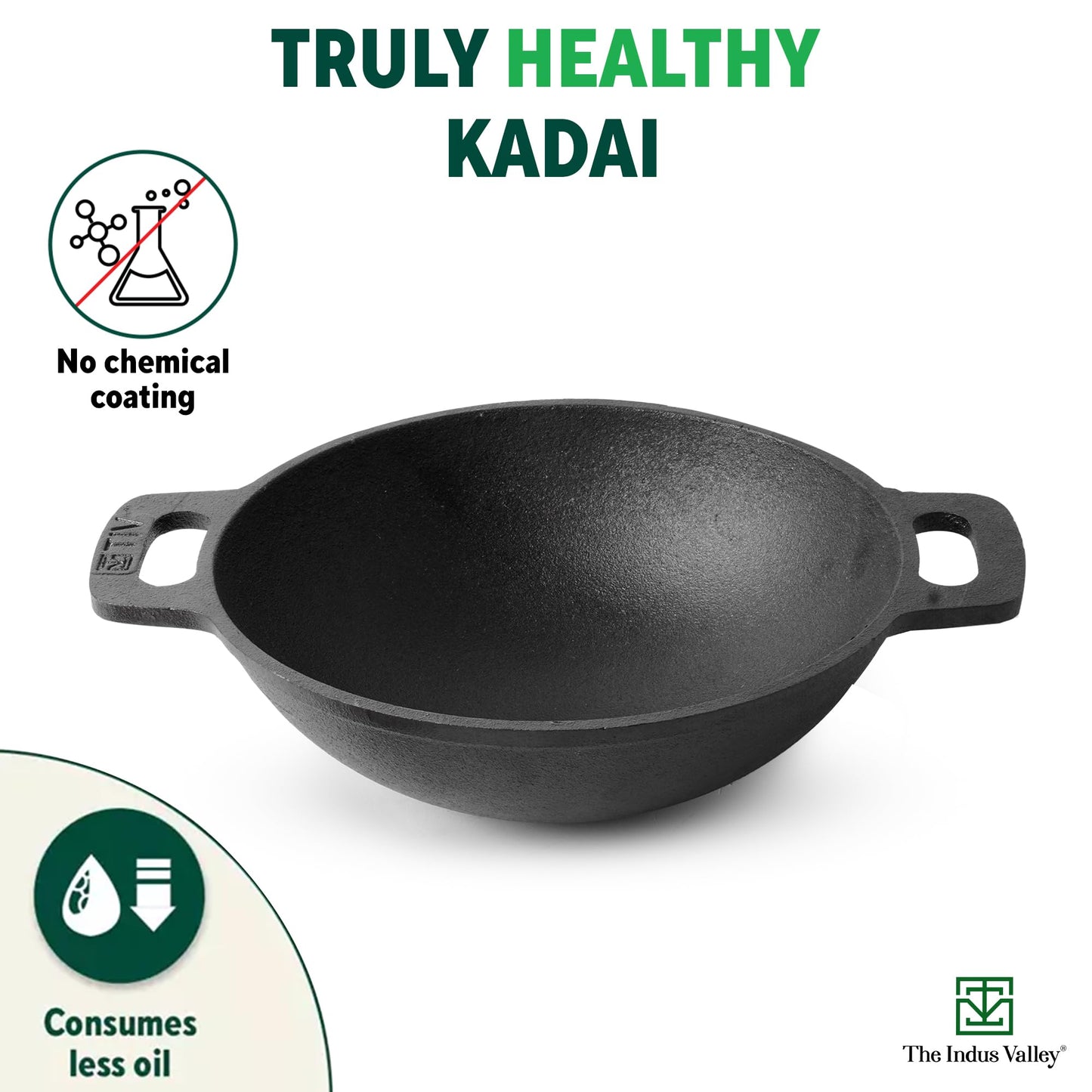 The Indus Valley Pre-Seasoned Cast Iron Cookware Set+ Free Tadka Pan|Tawa (30.5 Cm)+ Kadai (25.4 Cm/2.3L)+ Fry Pan (23 Cm/1.4L)|Kitchen Cooking Combo Pots & Pans Set Of 4Pcs|Naturally Nonstick - Black