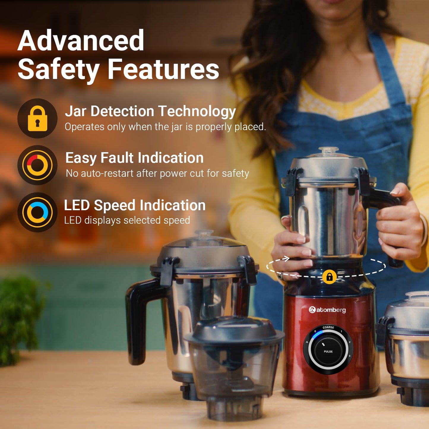 Atomberg Zenova Mixer Grinder with Unique Coarse Mode | Advanced Safety Features | 4 Jars including Chopper Jar with Hands Free Operation (Red Wine)