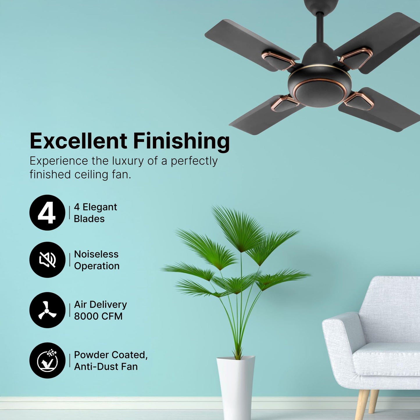Candes Brio Turbo 600 mm / 24 Inch High Speed 4 Blade Anti-Dust Ceiling Fan Suitable for Kitchen/Veranda/Balcony/Small Room (Pack of 1,Smoke Brown)