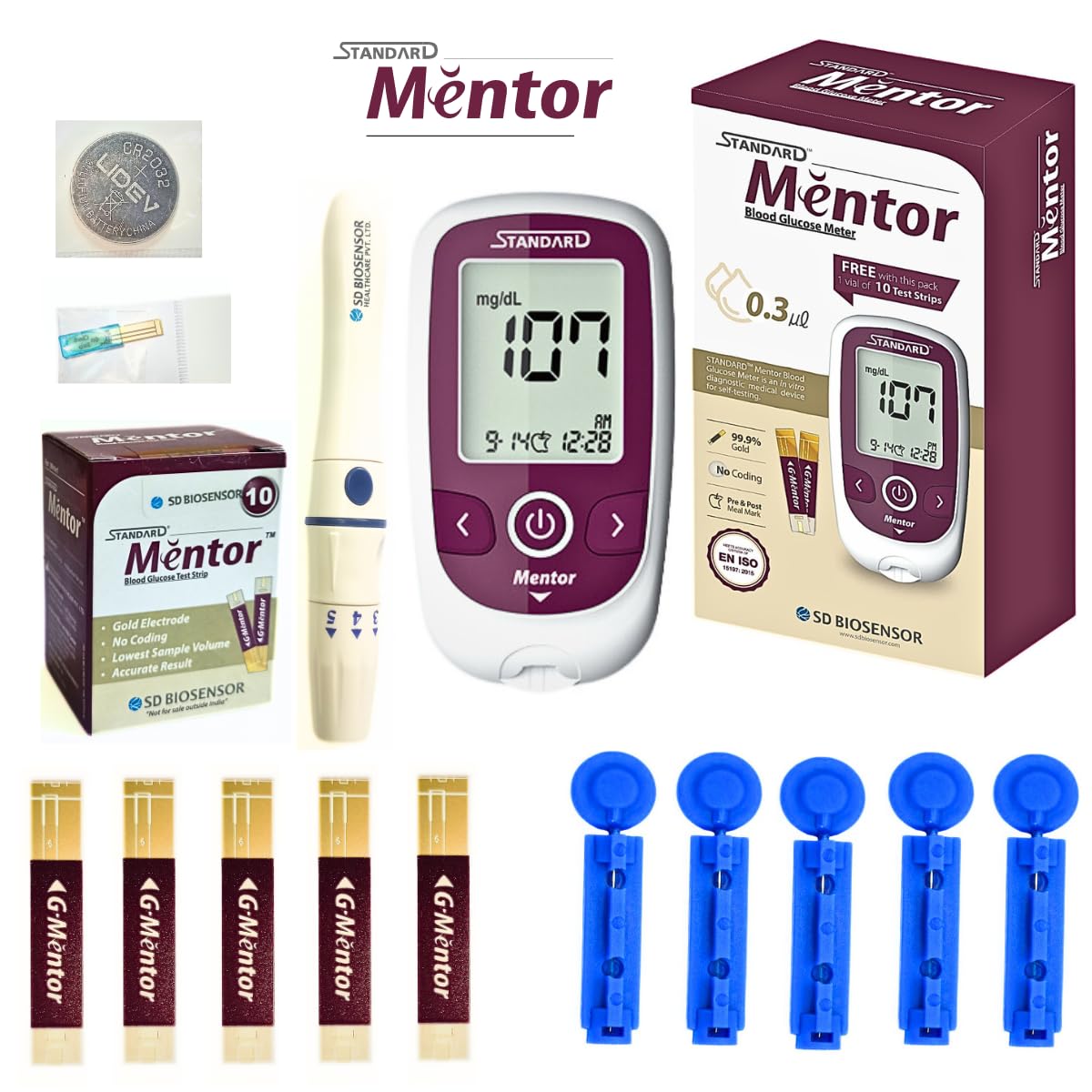 STANDARD Mentor Digital Blood Glucose Meter for self Diabetes testing monitor machine with 10 Strips & complete medical device Kit - Glucometer (Magenta)