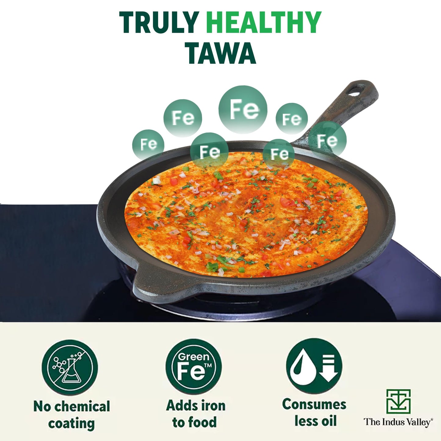 The Indus Valley Super Smooth Cast Iron Tawa for Dosa/Chapathi | 25.4cm/10 inch, 1.8kg | Induction Friendly | Naturally Nonstick, Pre-Seasoned Tawa, 100% Pure & Toxin-Free, No Chemical Coating