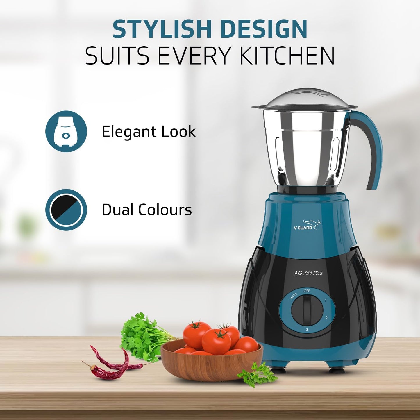 V-Guard AG 754 750 Watt Juicer Mixer Grinder, 3 Year Motor Warranty By V-Guard,4 Jars(Chutney, Dry, Wet & Juicer), Sturdy Juicer Jar with QuadraFlow Design, PrecisionBlend SS Blades, Blue-Black