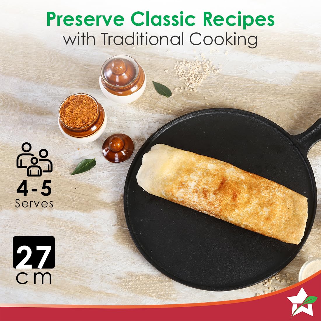 Wonderchef Forza Cast-Iron 27 cm Dosa Tawa Pan | Pre-Seasoned Cookware | Induction Friendly | 4 mm | with Lifetime Exchange Warranty