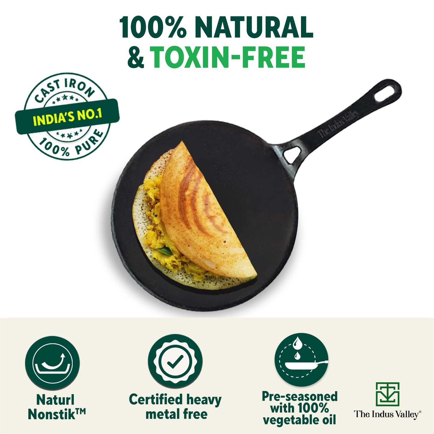 The Indus Valley Pre-Seasoned Cast Iron Concave Dosa Tawa + Free Wooden flip | 25.4cm/10 inch, 1.9kg | Gas Stove Compatible | Naturally Nonstick, 100% Pure & Toxin-Free, No Chemical Coating