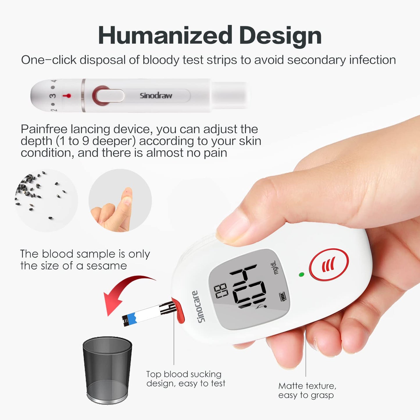Sinocare PTS(USA) Diabetes Testing Kit/Blood Glucose Monitor Safe AQ Voice/Glucometer with Voice Reminder and Light Warning/Blood Sugar Test with 50Strips & 50Lancets & Case Pack