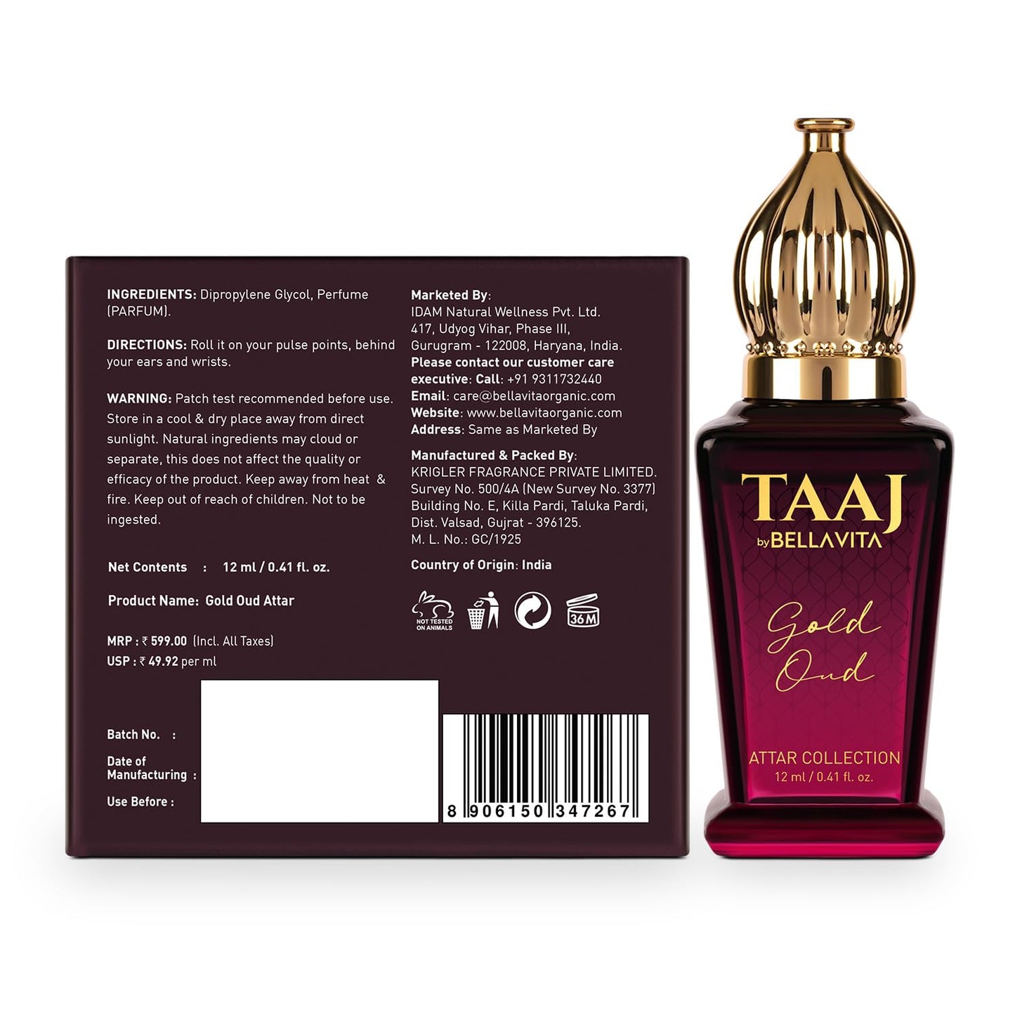 Bella Vita Luxury TAAJ Gold Oud Attar with Caramel, Rose, Jasmine & Orris for Men and Women, Non-Alcoholic Roll On, Long Lasting Fragrance, 12 ML