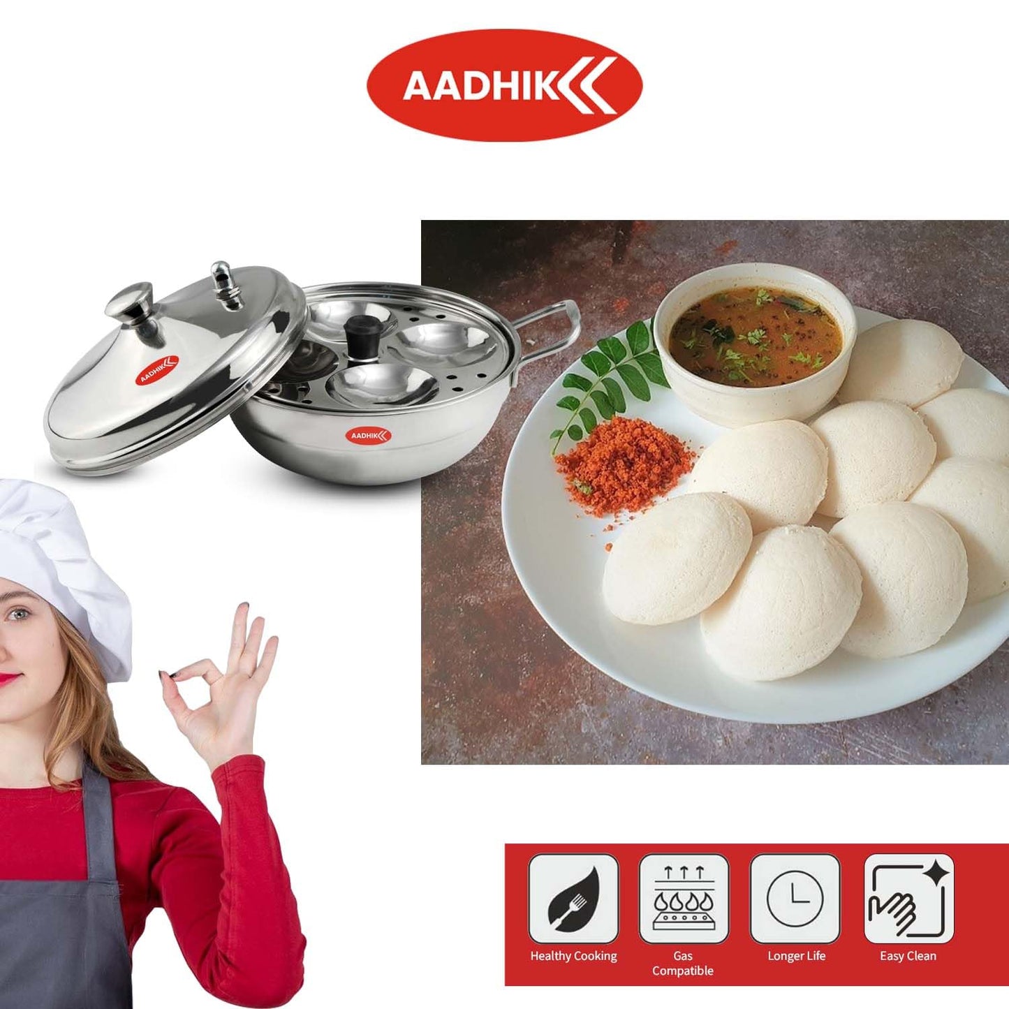 Aadhik Stainless Steel Multi Purpose Kadai with Steel Lid, Idli Maker 2 Idli Plate 8 Cavity Idli Cooker Stainless Steel Idly Pot with Steamer, Silver