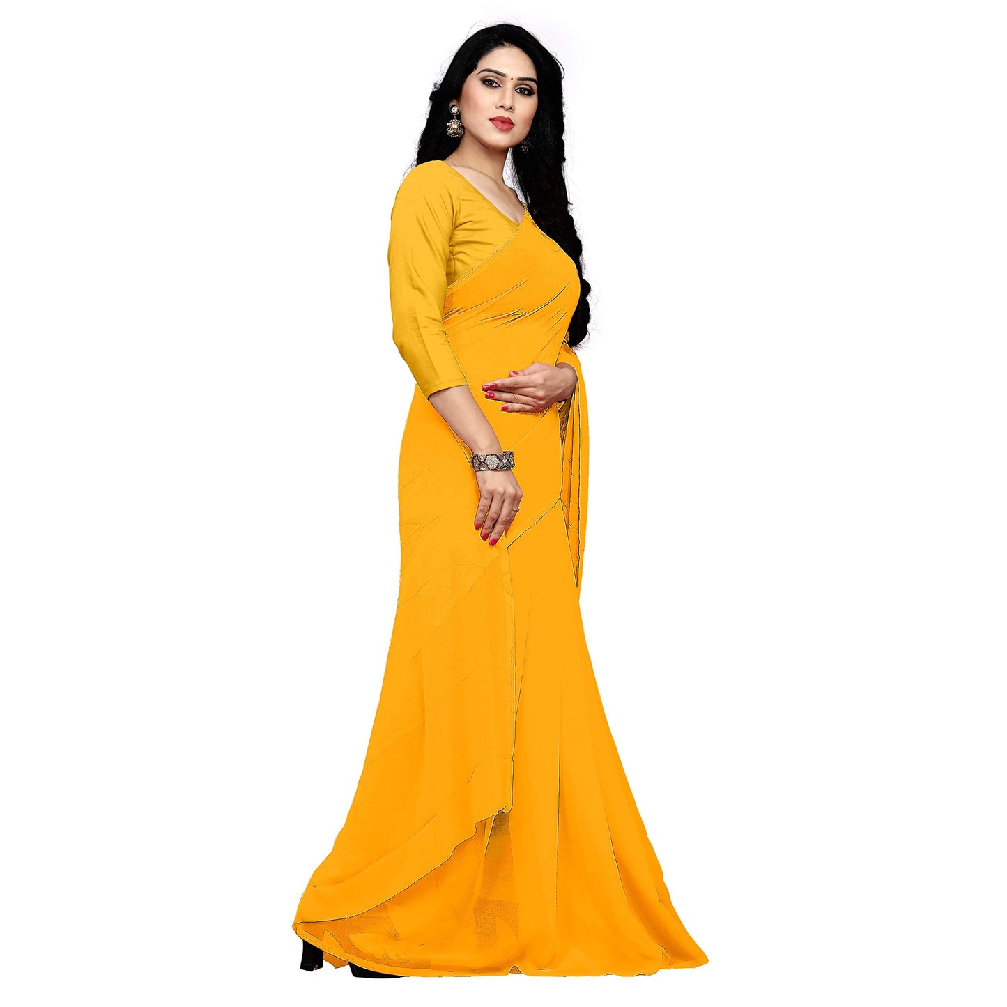 Sidhidata Women's Georgette Saree With Unstiched Blouse Piece (plain-gold-_Gold), Free Size