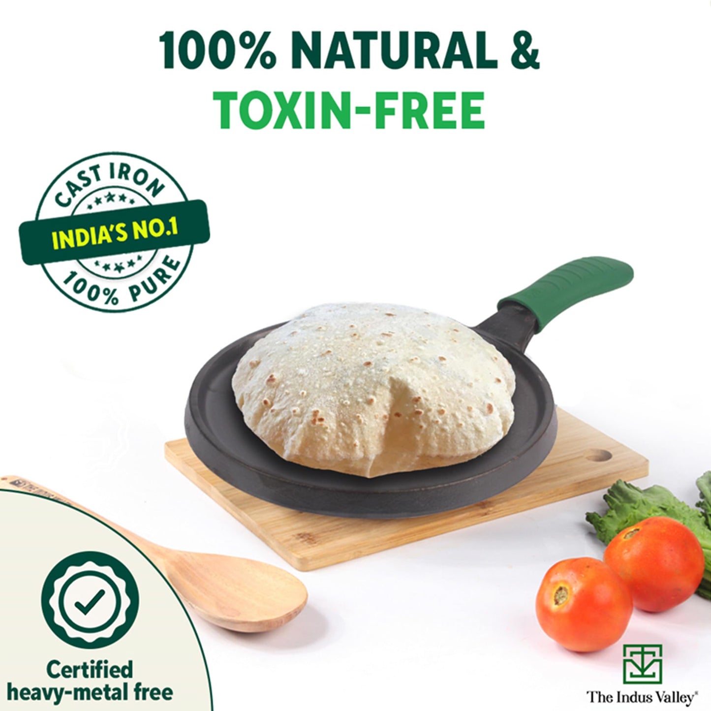 The Indus Valley Pre-Seasoned Cast Iron Tawa for Dosa/Chapathi with Silicone Grip | 25.5cm/10 inch, 2.1kg | Induction Friendly | Naturally Nonstick, 100% Pure & Toxin-Free, No Chemical Coating