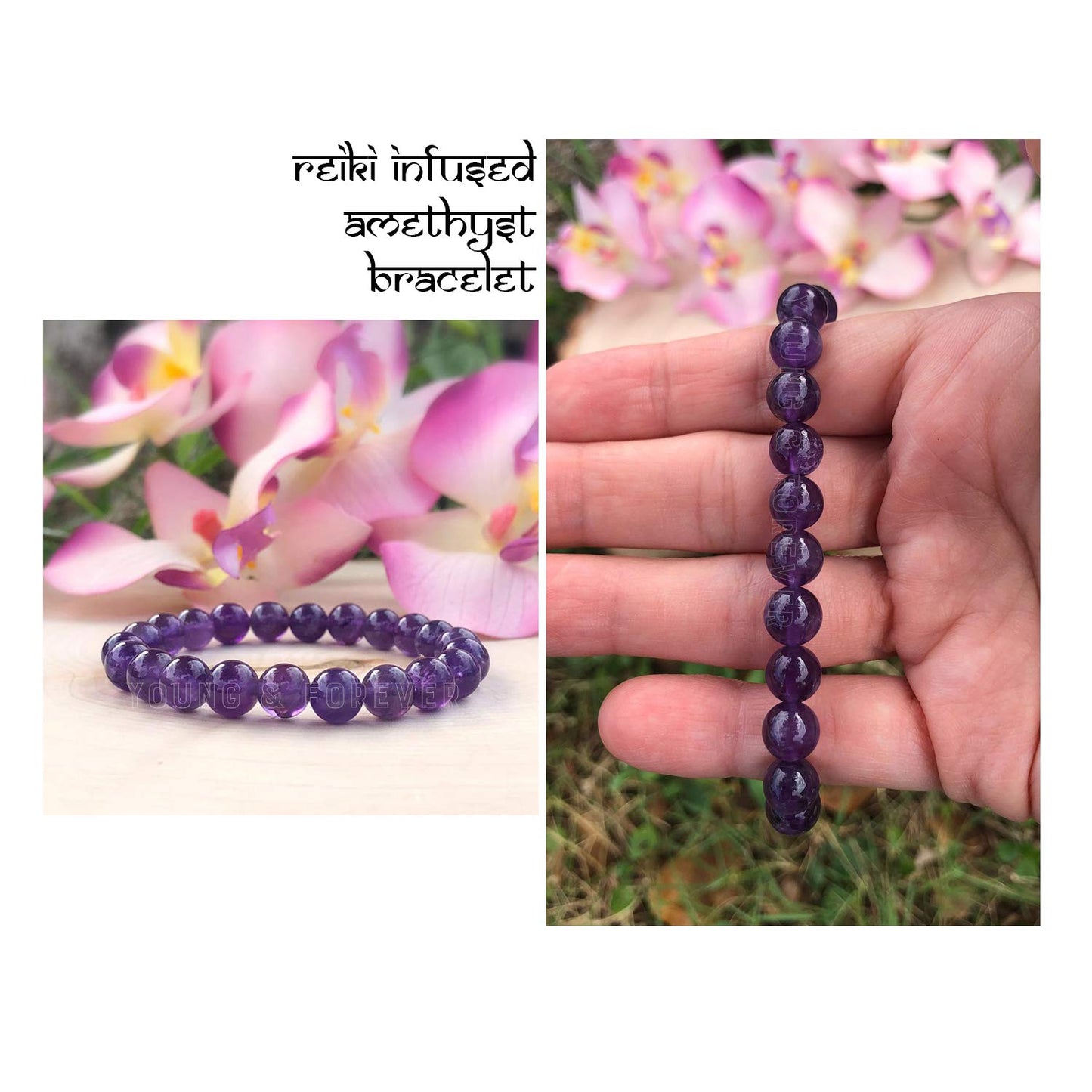 Young & Forever Gift Energized Reiki Crystal Semi Precious Gemstone Amethyst Bracelet for Purification Healing Stone Stretch Bracelet for Men and Women