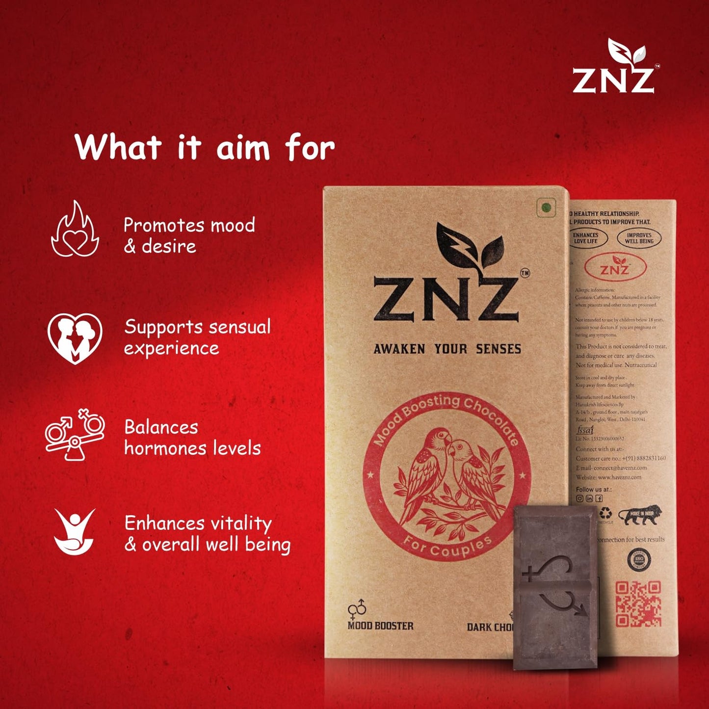 ZNZ Premium Dark Chocolate for Uplifting Mood & Wellness | Vegan & Gluten-Free Delight | Valentine's Gift for Men & Women | Ideal for Couples | Vegan and Guilt free Delight | 60g (Pack of 1)