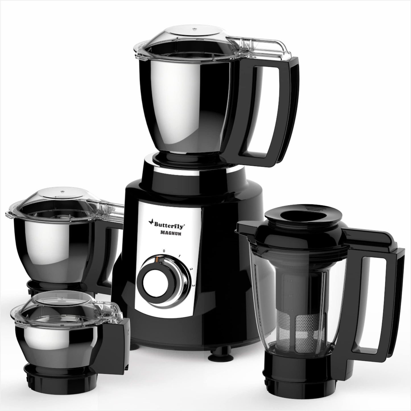 Butterfly Magnum 1.2HP Mixer Grinder with 4 Jars | 100% Copper Motor | 3 Stainless Steel Multipurpose Jars and 1 Juicer Jar | ABS Body | Handsfree Operation | Lifetime Motor Warranty| Black
