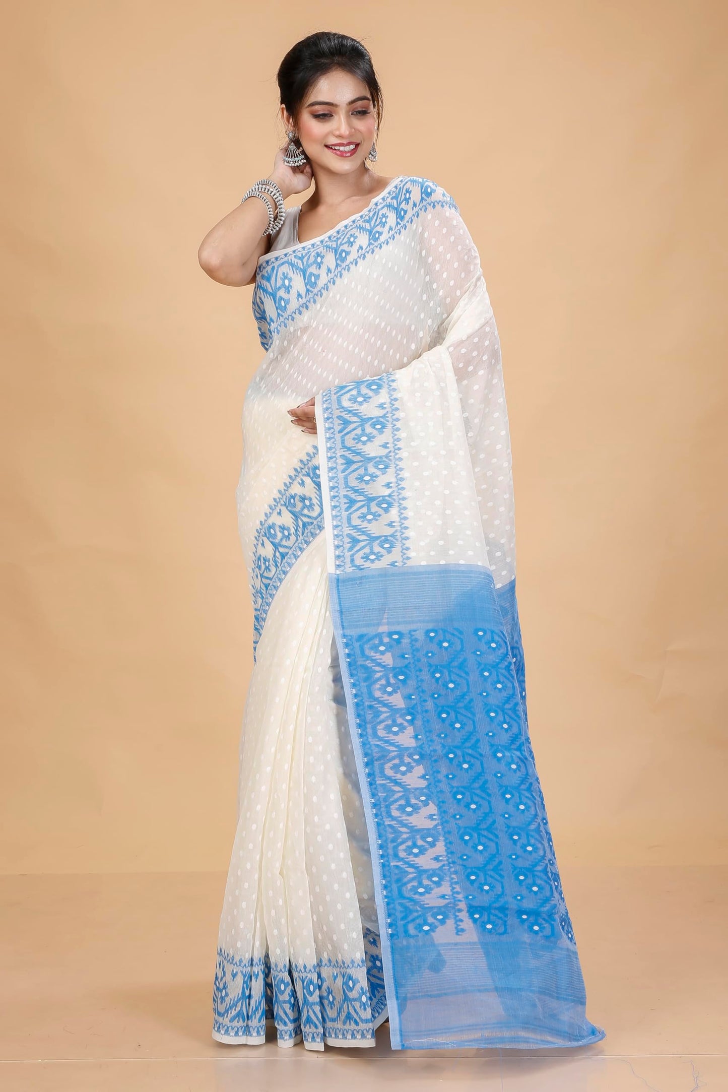Tant Vastra Women’s Soft Resham Dhakai Ball Work Jamdani Saree without Starch And Without Blouse Piece (Steel) (White-Light Blue)