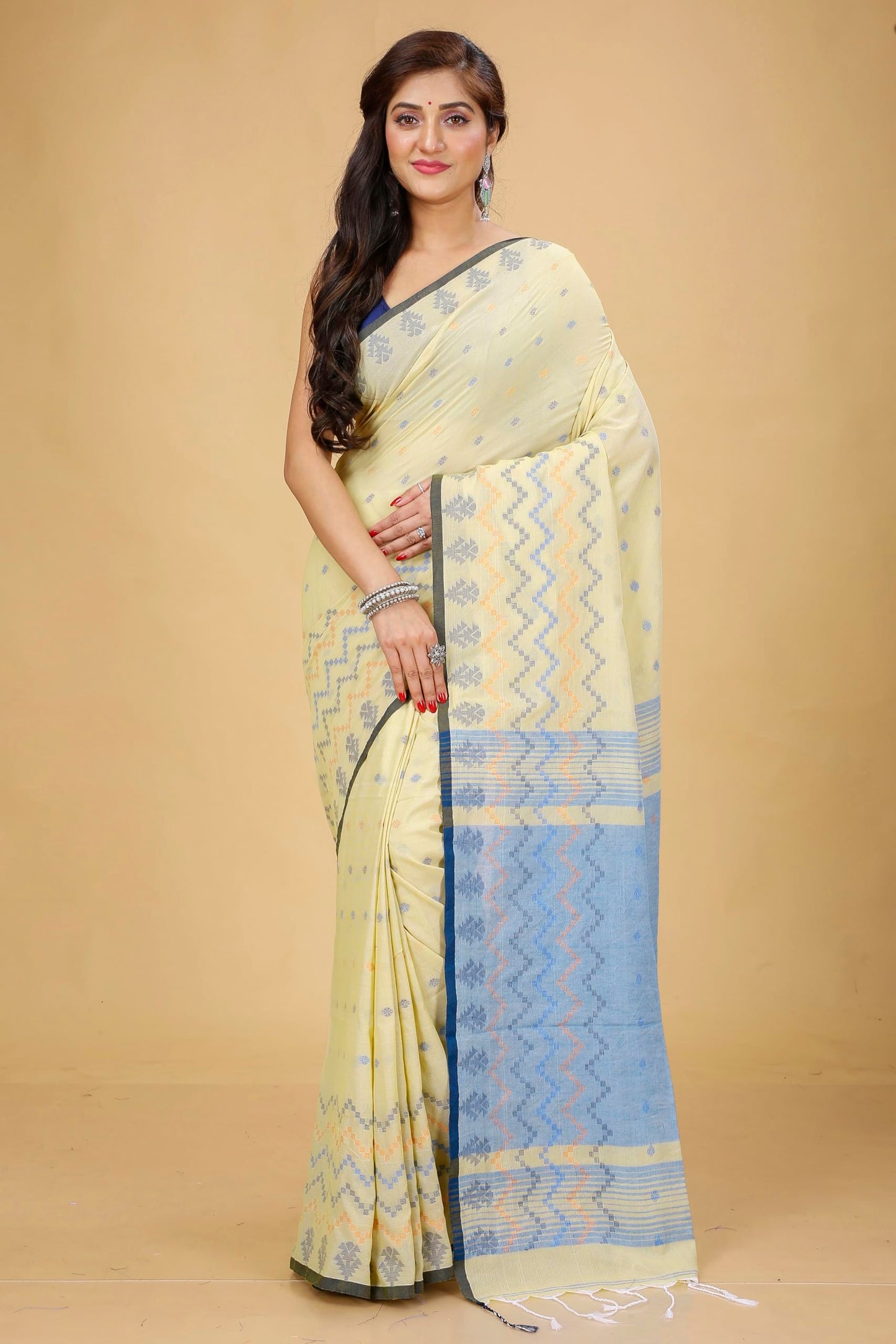 Ankita SAREE HOUSE Women's Traditional Bengal Cotton Silk Beki Border Handloom Soft Saree with Blouse Piece (Chiku)