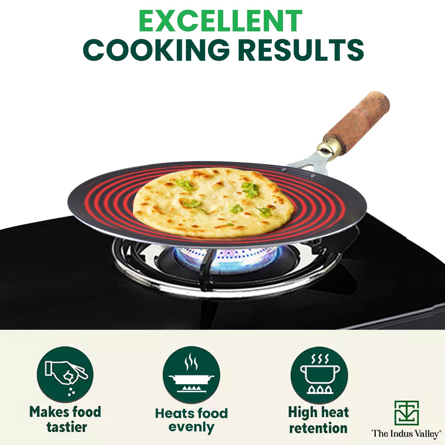 The Indus Valley Pre-Seasoned Iron Tawa for Dosa/Chapathi with Wooden Handle | 27cm/10.6 inch, 0.95kg | Gas Stove Friendly | 100% Pure & Toxin-Free, No Chemical Coating