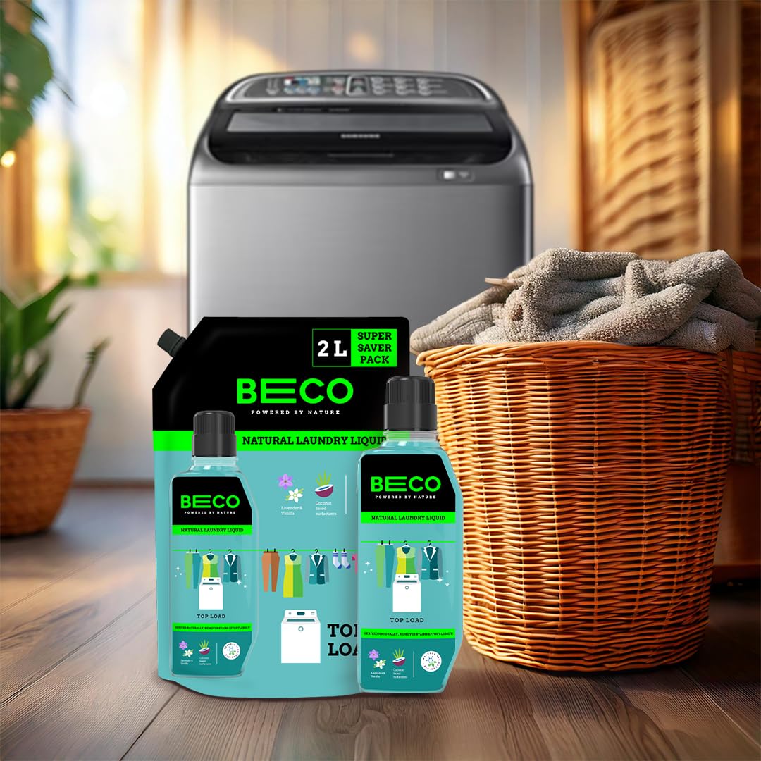 Beco Matic-Top Load Natural Laundry Liquid Detergent| 2 Litre Super Value Refill | Natural Formula for Tough Stain Removal & Fabric Care | No Harsh Chemicals | 100% Ecofriendly (2L)