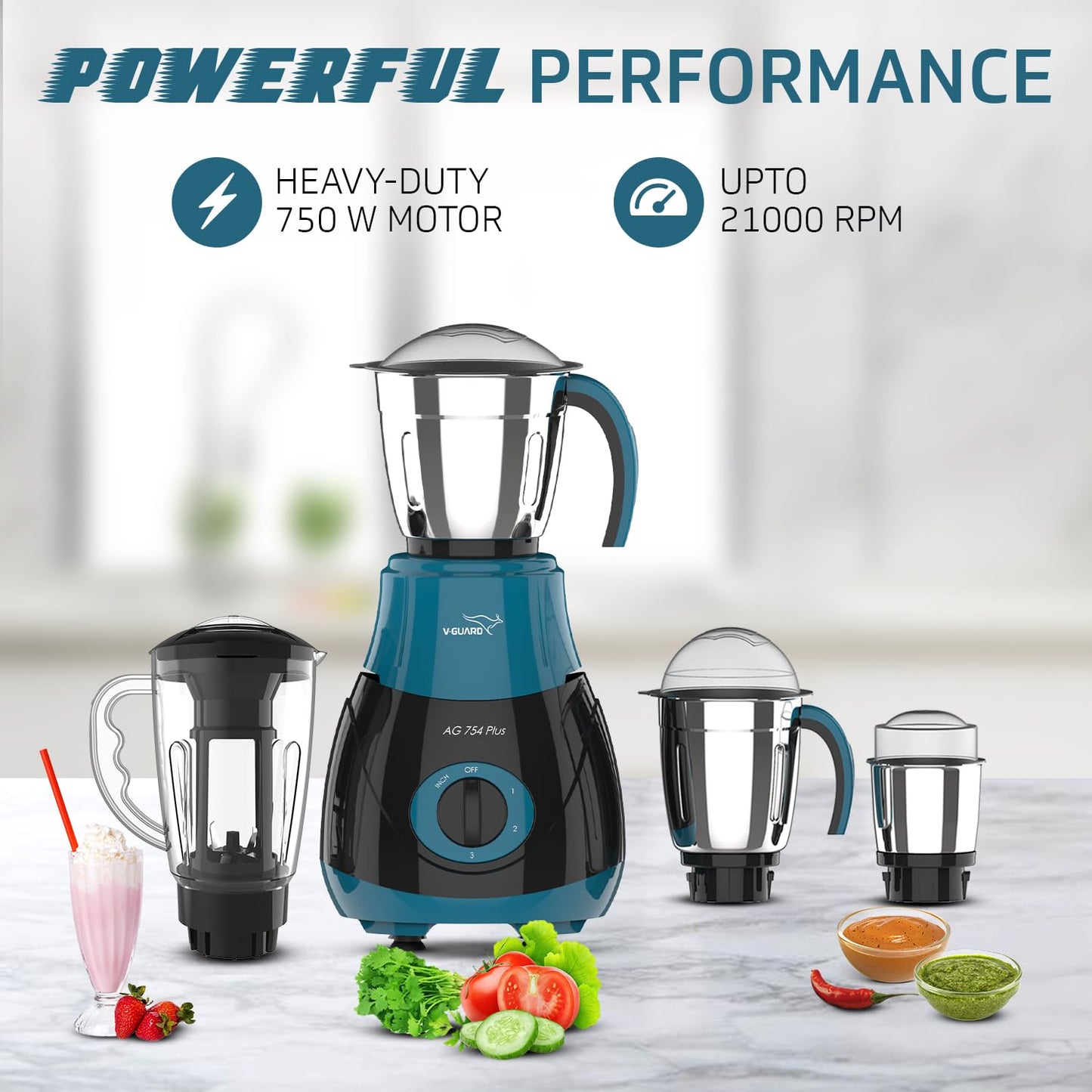 V-Guard AG 754 750 Watt Juicer Mixer Grinder, 3 Year Motor Warranty By V-Guard,4 Jars(Chutney, Dry, Wet & Juicer), Sturdy Juicer Jar with QuadraFlow Design, PrecisionBlend SS Blades, Blue-Black