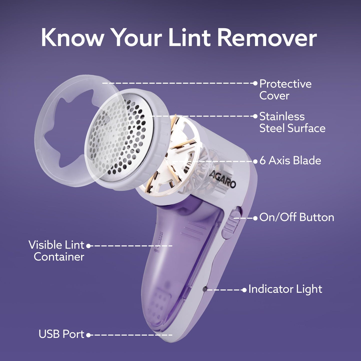 AGARO 2419 Lint Remover, Electric Fabric Shaver, Rechargeable, Stainless Steel Blades, Portable, Multi-Functional Fuzz Remover from Woollen Sweaters, Coat, Blankets, Jackets, Carpets, Burr Remover